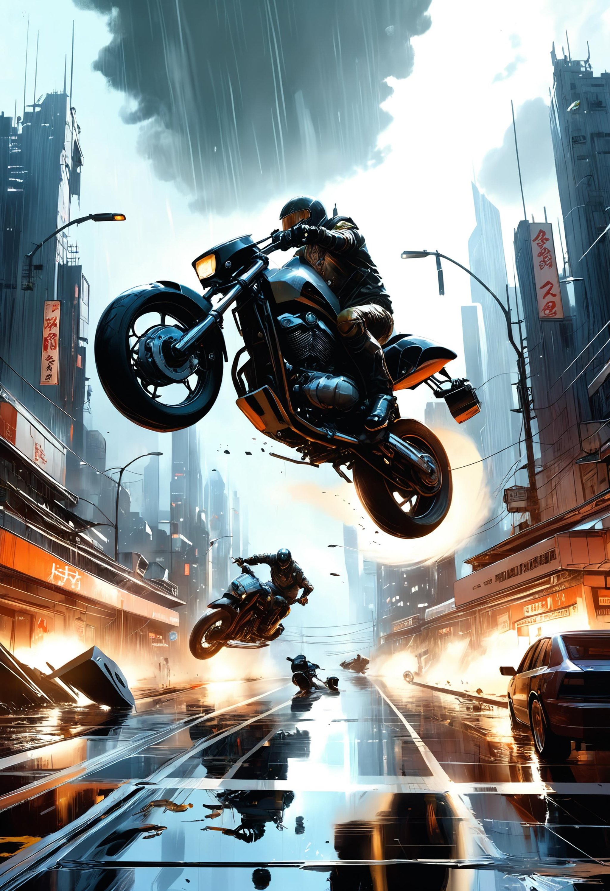 a motorcycle accident goes sideways on the wet streets of a suburban futuristic metropolis, dramatic lighting, illustration by Greg rutkowski, yoji shinkawa, 4k, digital art, concept art, trending on artstation