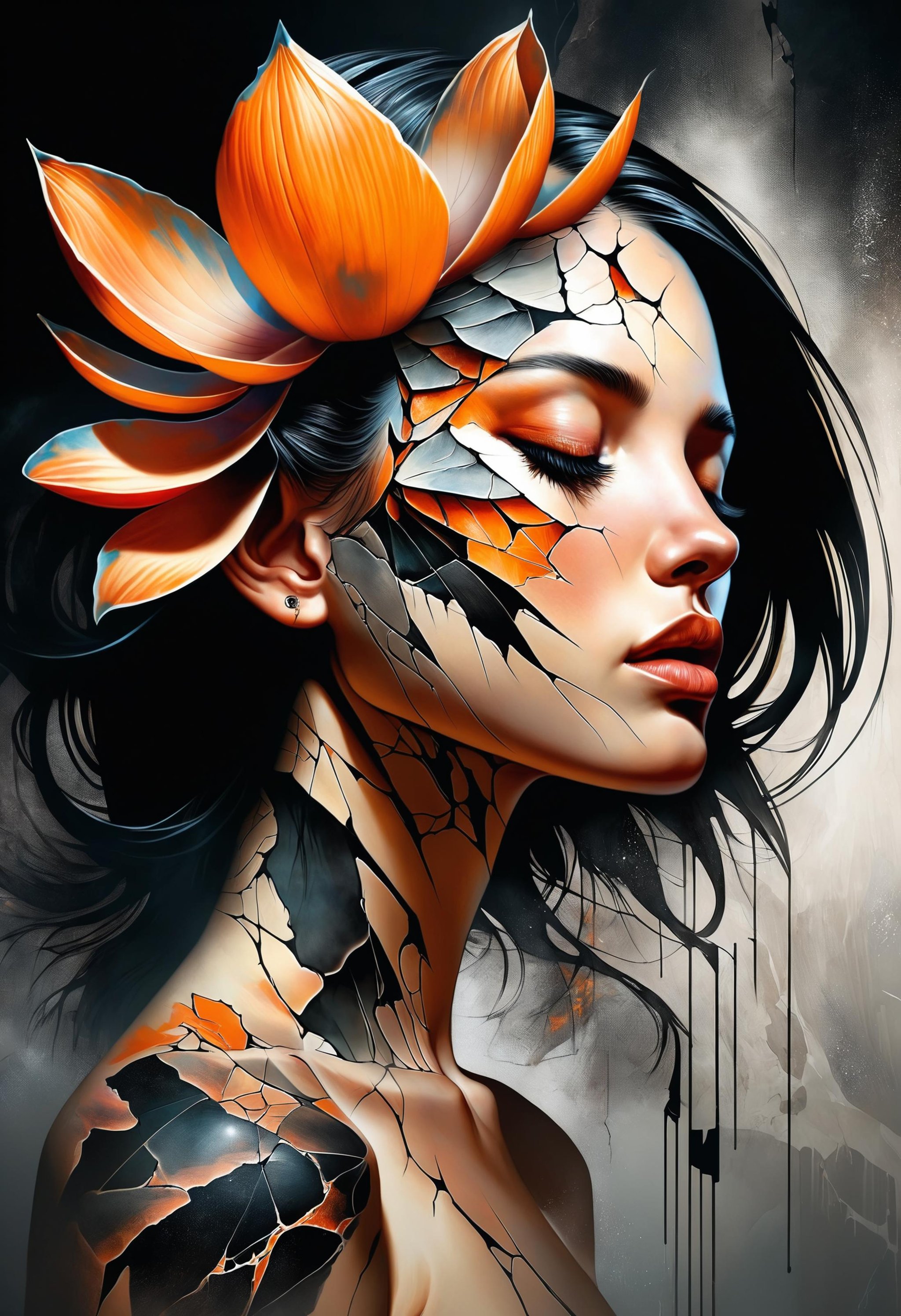 pitch black dark background, rising orange vapor pie charts, faded render of a duotone lotus petal shards tattoo, (woman's profile looking down:0.3), cracked skin, masterpiece by Eduardo Kobra, glitch art, dark art, digital artwork, illustrative, painterly, matte painting