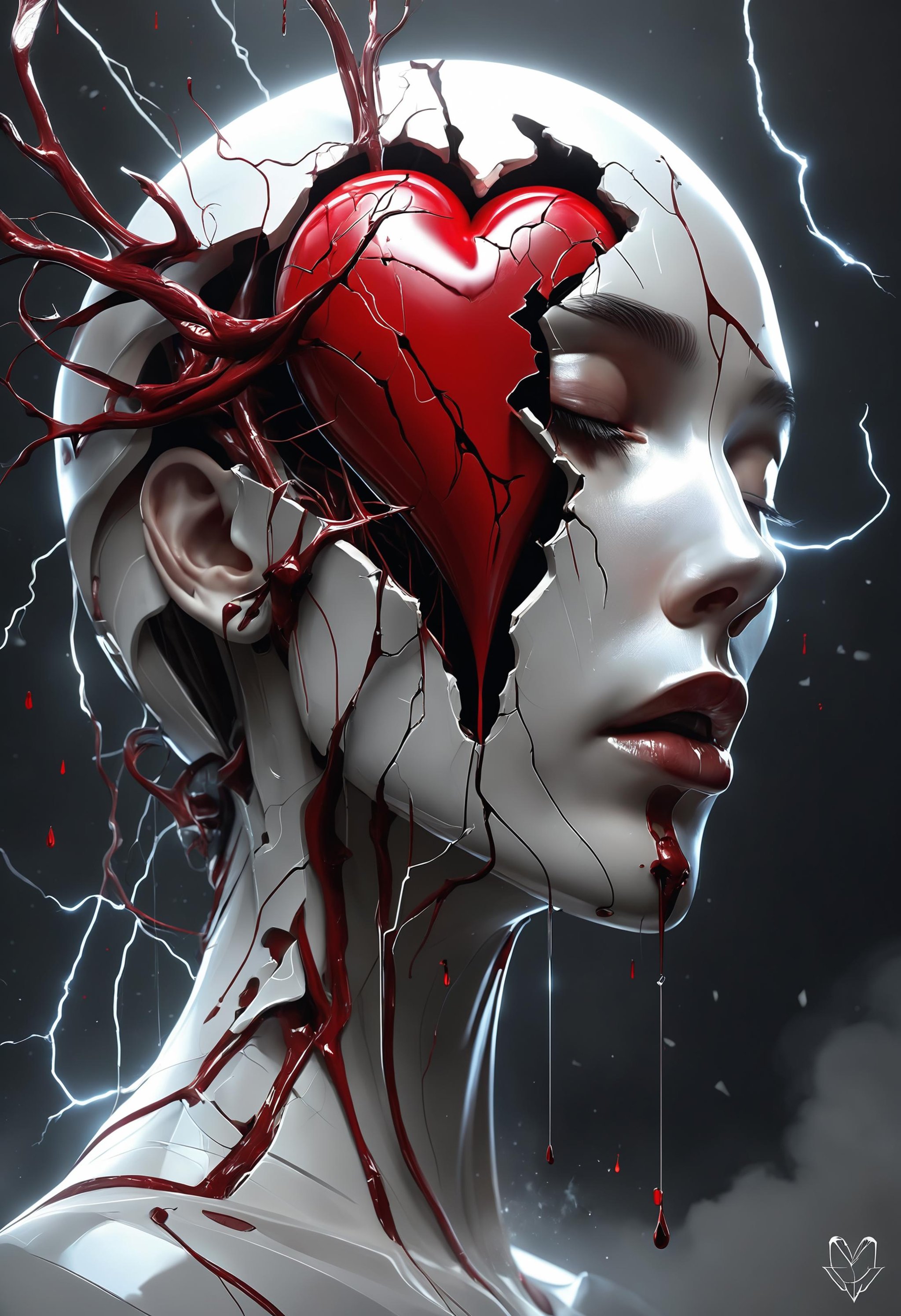 dark abstract sketch of a broken bleeding heart, white space theme, eyes closed, dmt entity manifestation, surreal render concept art, face by wlop, extremely detailed, 8 k, trending on artstation, cinematic lightning, ray tracing, unreal engine, glorious