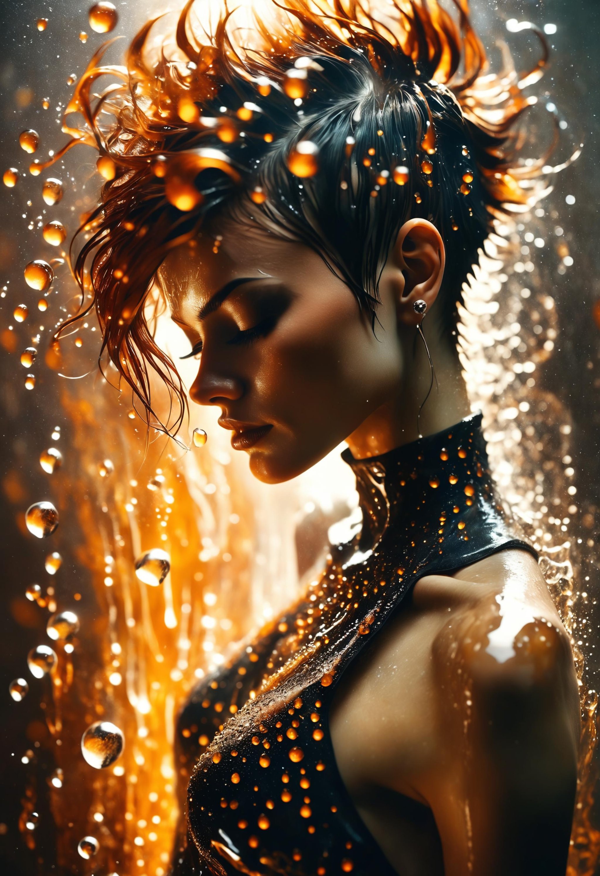 (analog film:2.0), backlit, woman bending water, medium wavey pixie mohawk haircut, black and orange, chaotic resonance, shimmering droplets, microdisplacement, aetheric realm, chiaroscuro, symbolism, intricate details, style of (Leonid Afremov:1.2) and Anna Dittmann, faded film, desaturated, 35mm photo