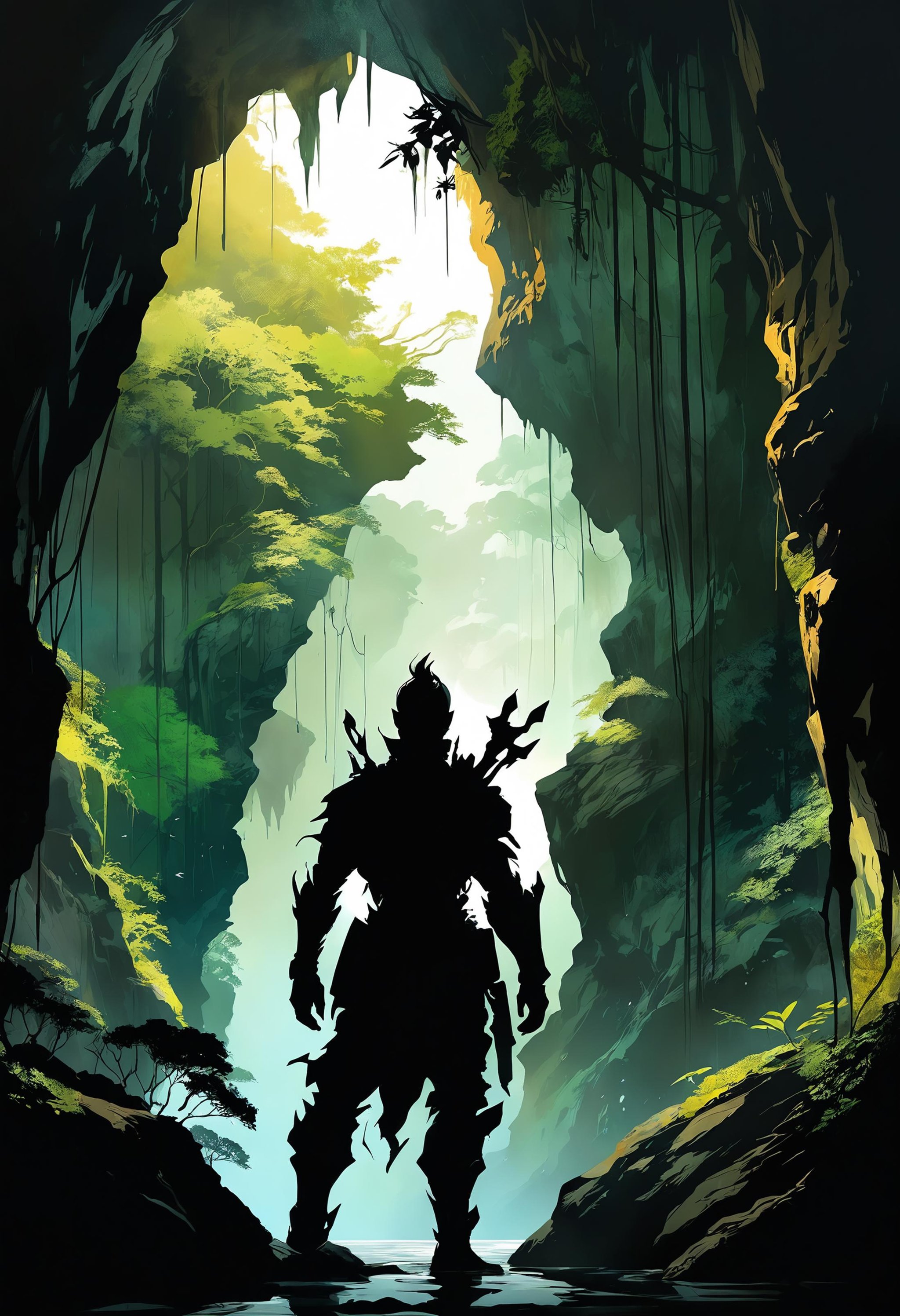 elemental silhouette, in a cave behind a forest, overgrown, dramatic lighting, illustration by greg rutkowski, yoji shinkawa, 4 k, digital art, concept art, trending on artstation