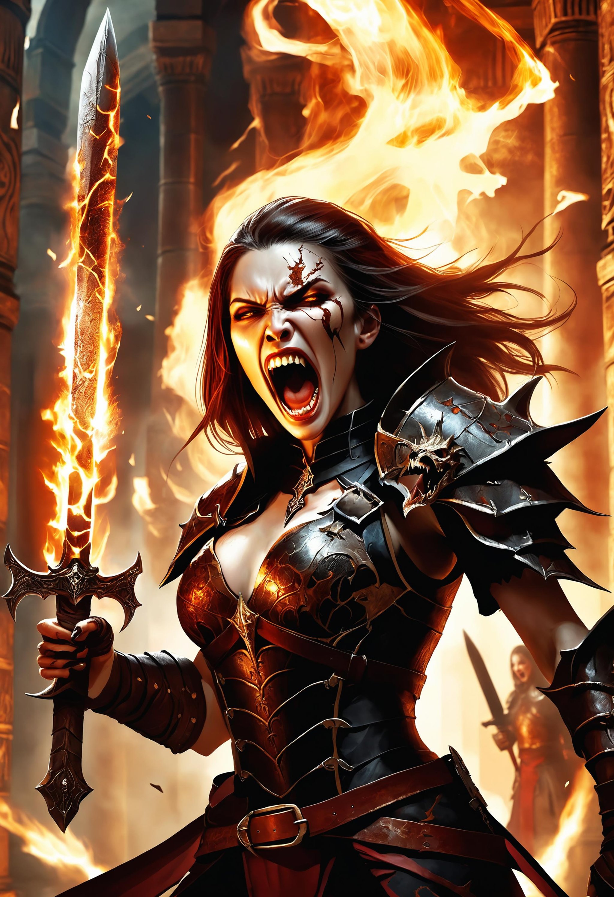 illustration, close-up of a screaming female vampire slayer wearing cracked armor infused with dragon bones, she wields a rusty flaming sword, ancient temple background, dim light