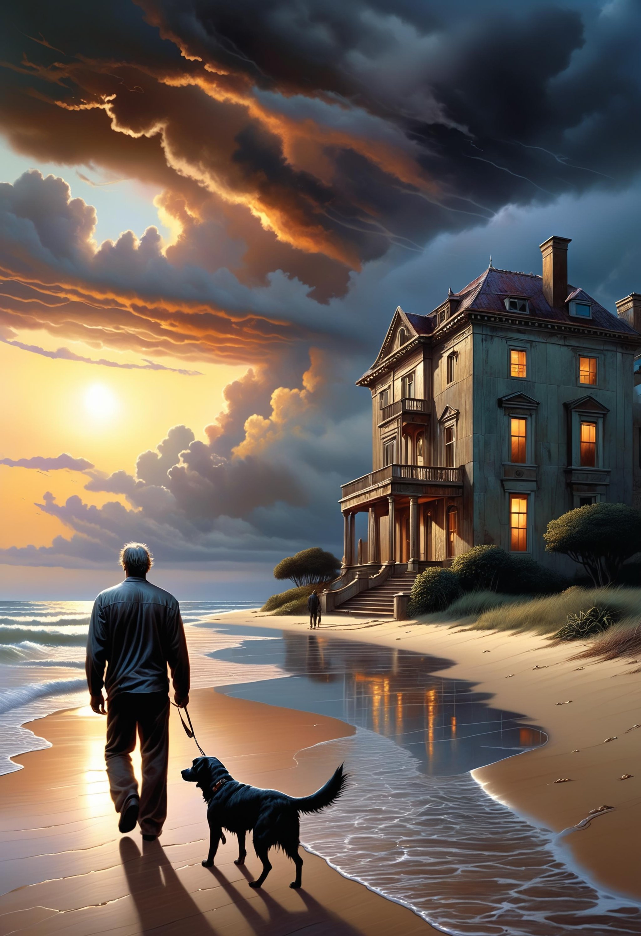 a mansion close to the beach at dusk, a single dark cloud rains on a lonely man walking on the shore with his dog, award winning exterior illustration by Greg rutkowski, Alex Grey, ultra realistic, concept art