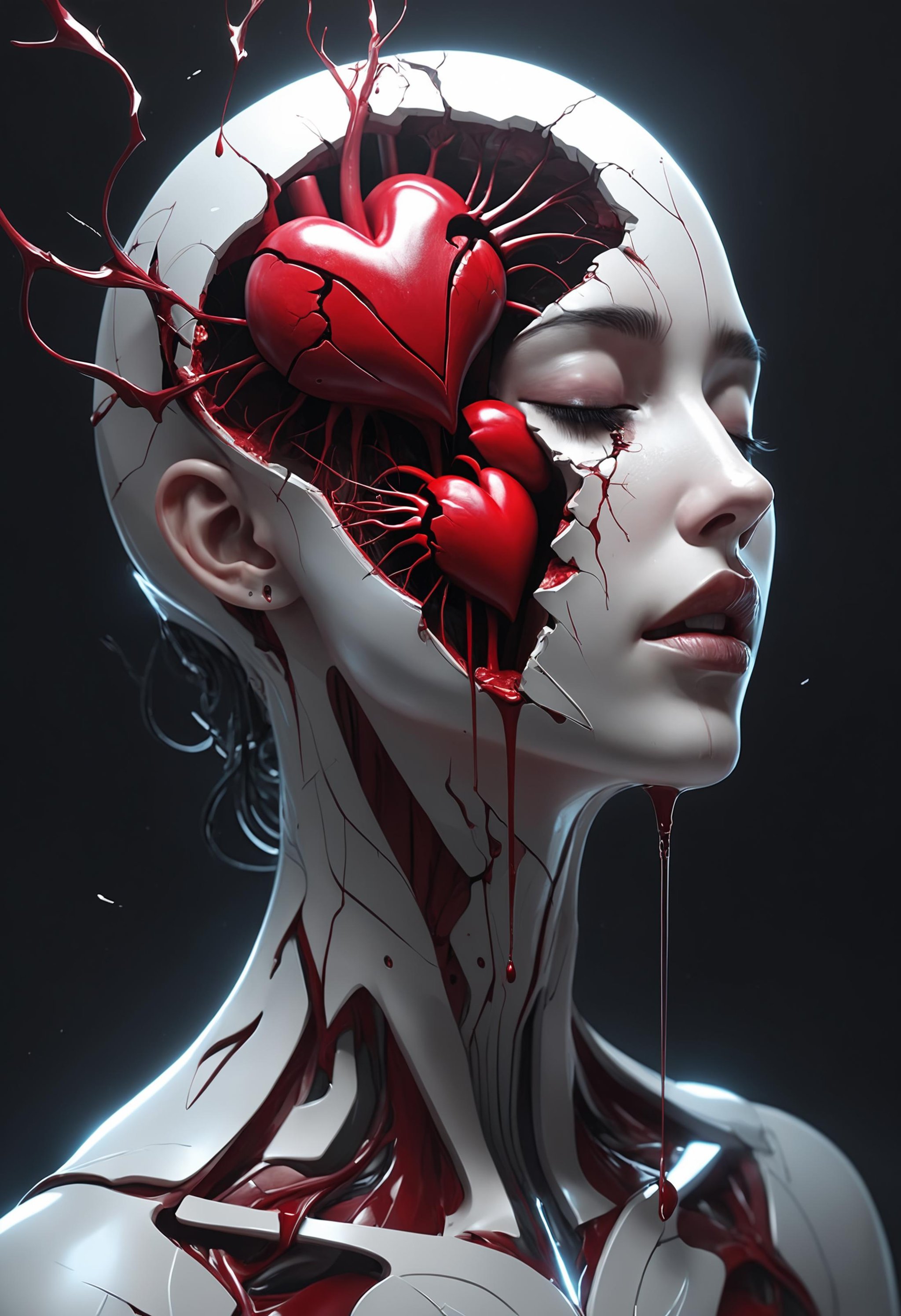 dark abstract sketch of a broken bleeding heart, white space theme, eyes closed, dmt entity manifestation, surreal render concept art, face by wlop, extremely detailed, 8 k, trending on artstation, cinematic lightning, ray tracing, unreal engine, glorious