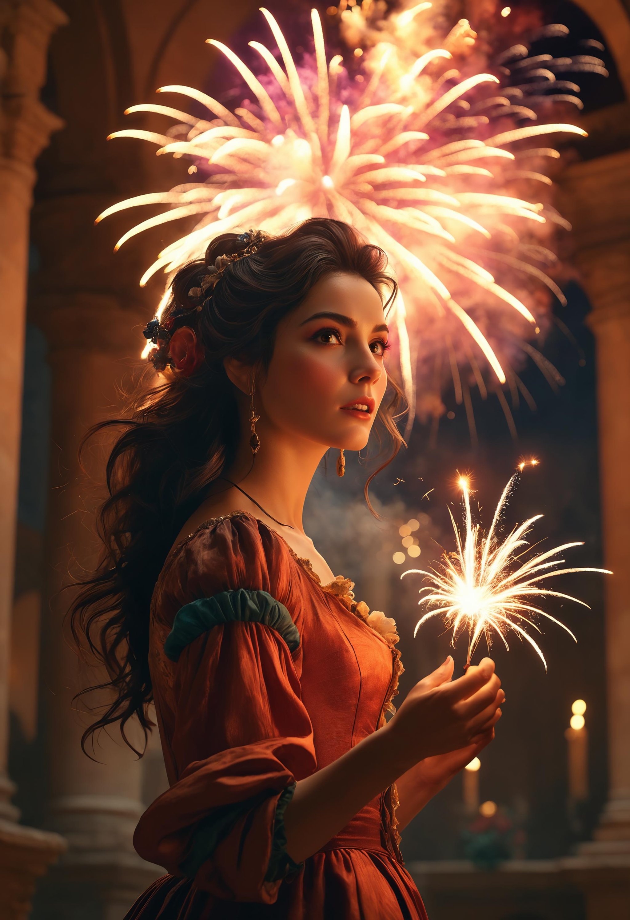 woman firework, evil, magic, colorful, distinctive flora, Francesco Guardi, warm colors, dramatic lighting, 80mm, F/1.8, supernaturalist, wonder, divisionism, RTX, Fae, Movie concept art, cinematic lighting