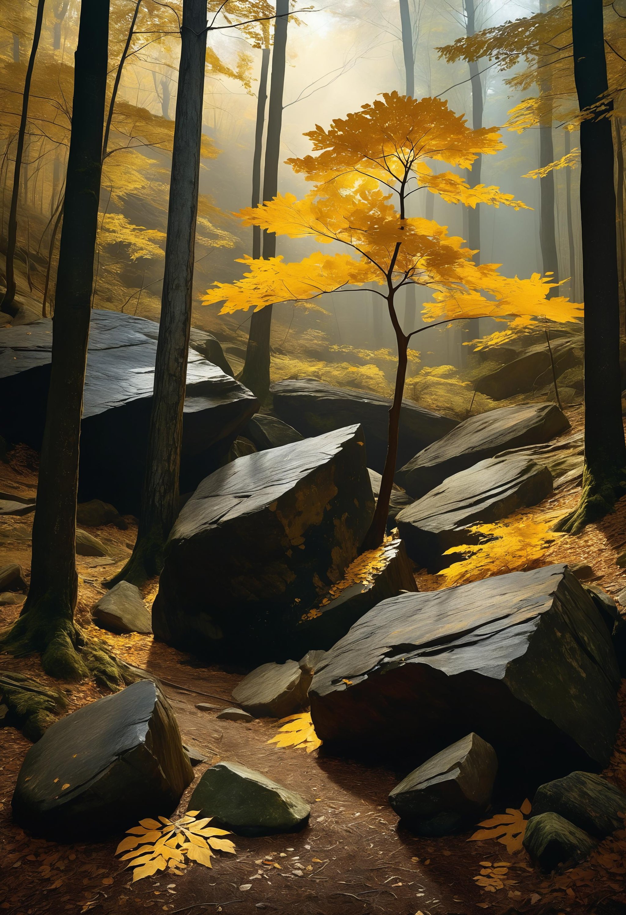 (stylized by Willard Metcalf:1.2) , RAW photo, landscape of a (Goldenleaf Hold of the Forest Druids:1.1) and rocky outcrop, it is Dramatic, African-American themes, multimedia installations, environmental activism, Fine art, dark, darkness, ambient atmosphere, cinematic atmosphere, highly color focused, atmosphere, fantastic aesthetic, contemporary, deep rich colors