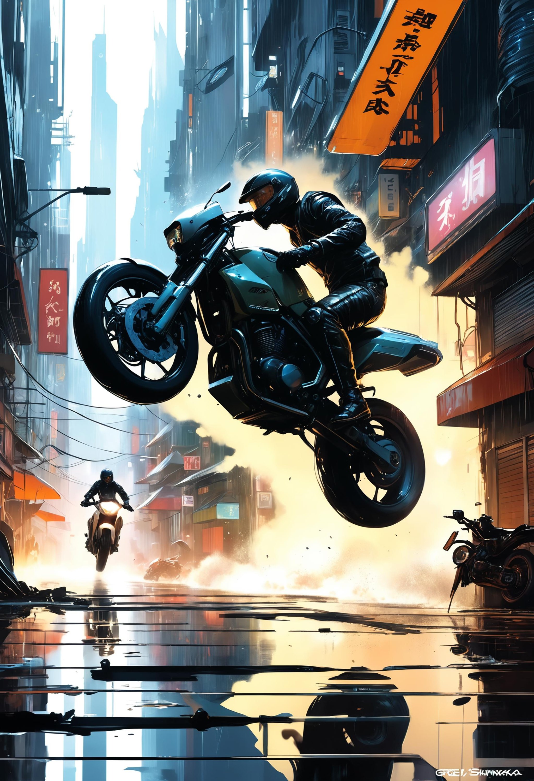 a motorcycle accident goes sideways on the wet streets of a suburban futuristic metropolis, dramatic lighting, illustration by Greg rutkowski, yoji shinkawa, 4k, digital art, concept art, trending on artstation