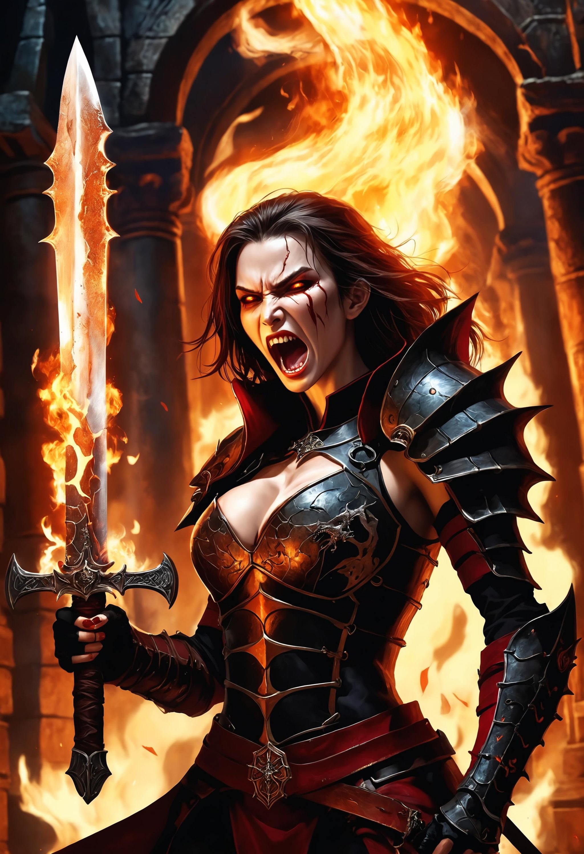 illustration, close-up of a screaming female vampire slayer wearing cracked armor infused with dragon bones, she wields a rusty flaming sword, ancient temple background, dim light