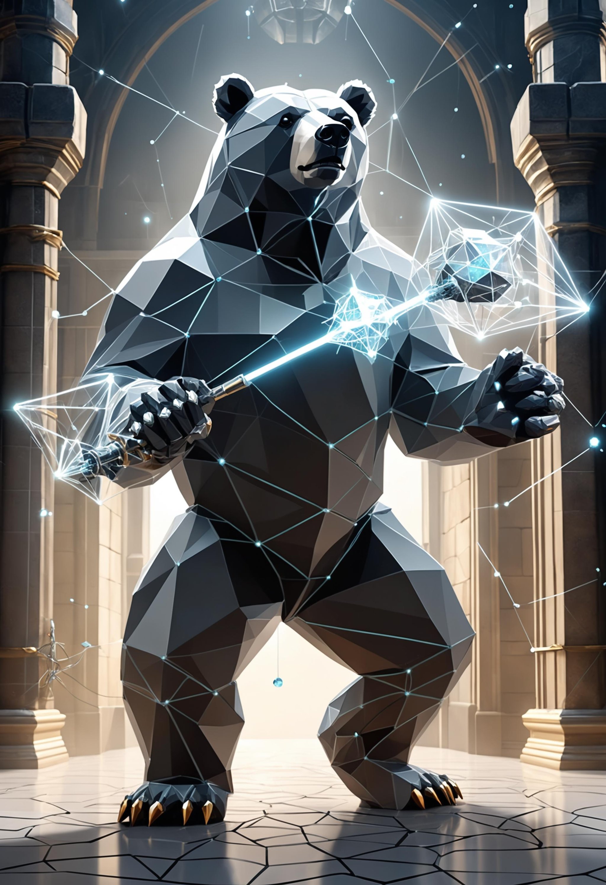 transparent gray bear stylized as (data visualization:1.5) and (transparent polygons:1.3), (network nodes:1.2), wire mesh with floating particle data points, ready to fight the intruders at the castle gates using his crystal mace and big schlong, in the style of Harold Elliott