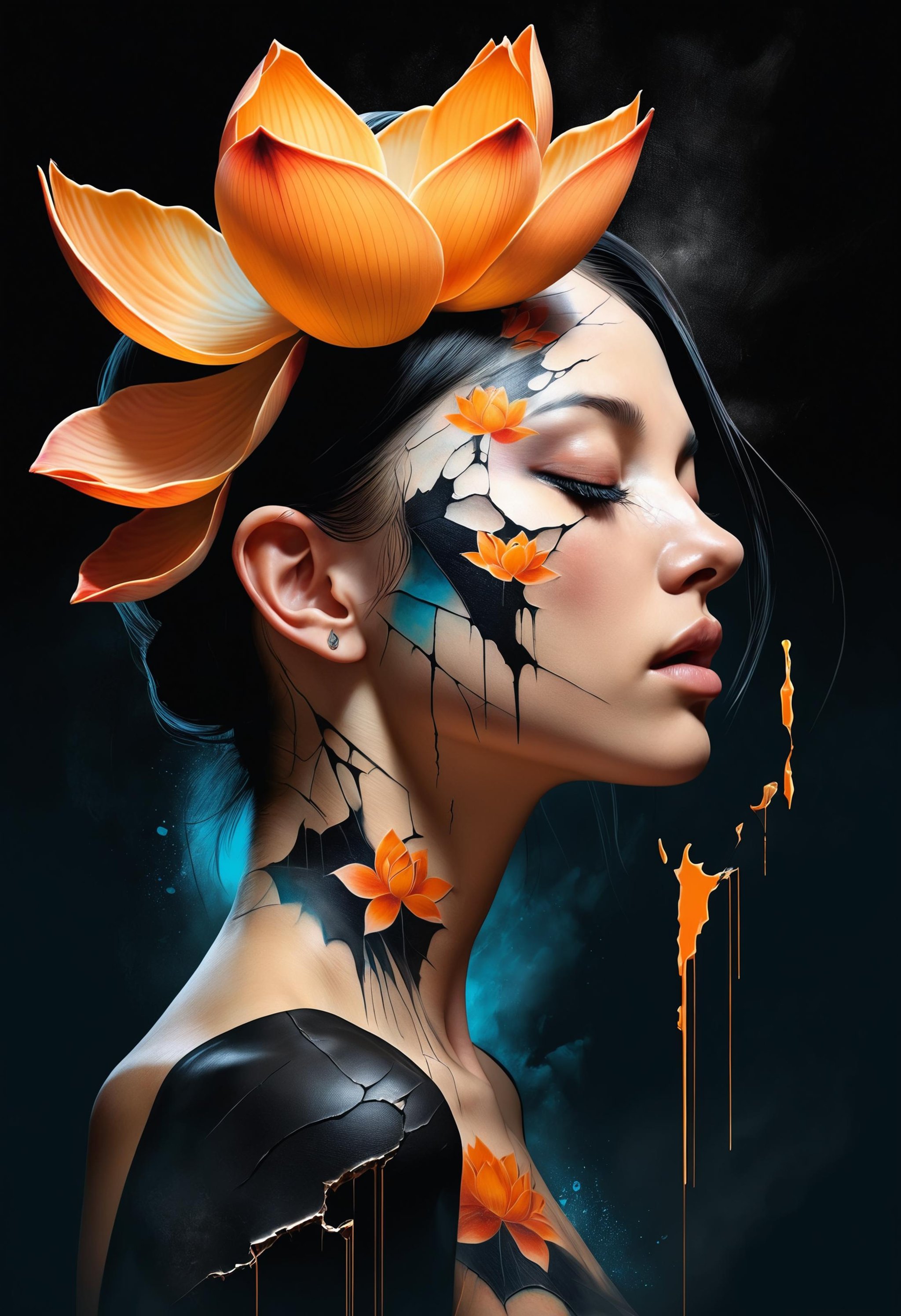 pitch black dark background, rising orange vapor pie charts, faded render of a duotone lotus petal shards tattoo, (woman's profile looking down:0.3), cracked skin, masterpiece by Eduardo Kobra, glitch art, dark art, digital artwork, illustrative, painterly, matte painting