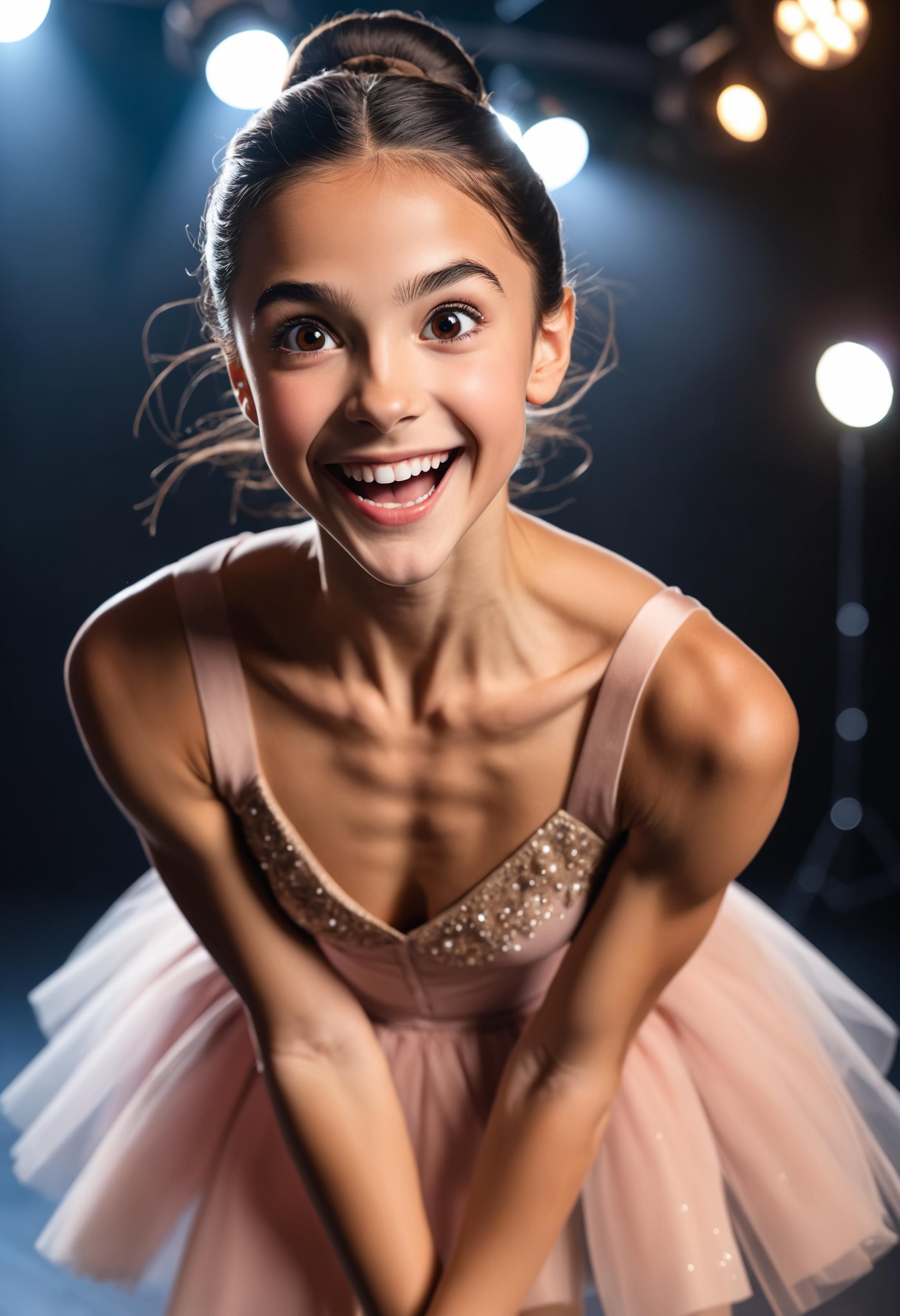 candid RAW photo, rule of thirds, a close-up photo of a ballerina with dark hair and brown eyes excited about her performance, professional studio portrait, Fujifilm, stage lights