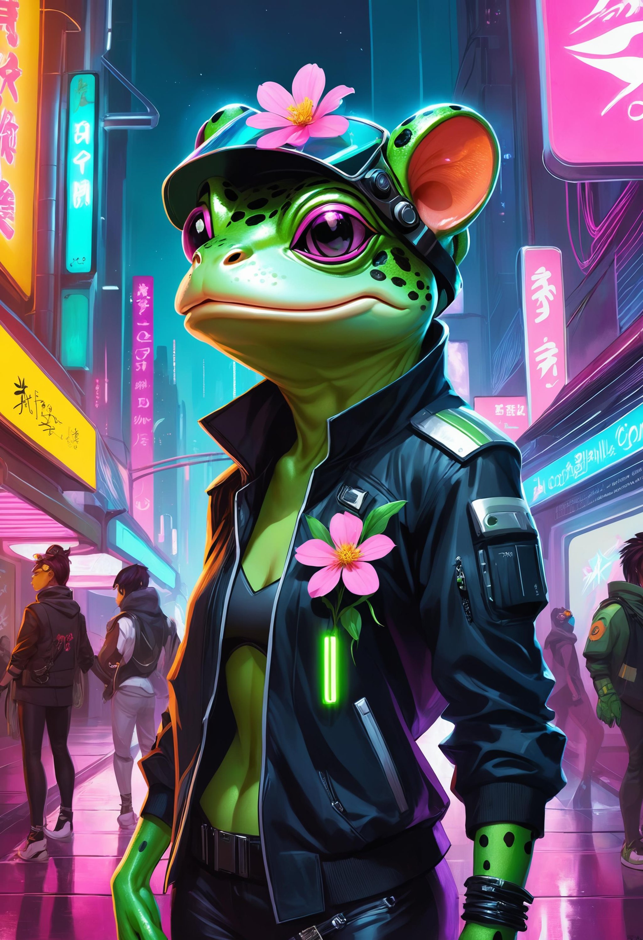 beautiful digital art portrait commission of an undercover androgynous furry anthro frog with a futuristic flower visor wearing punk clothes in the streets of a cyberpunk city, neon signs, character design by charlie bowater and makoto shinkai