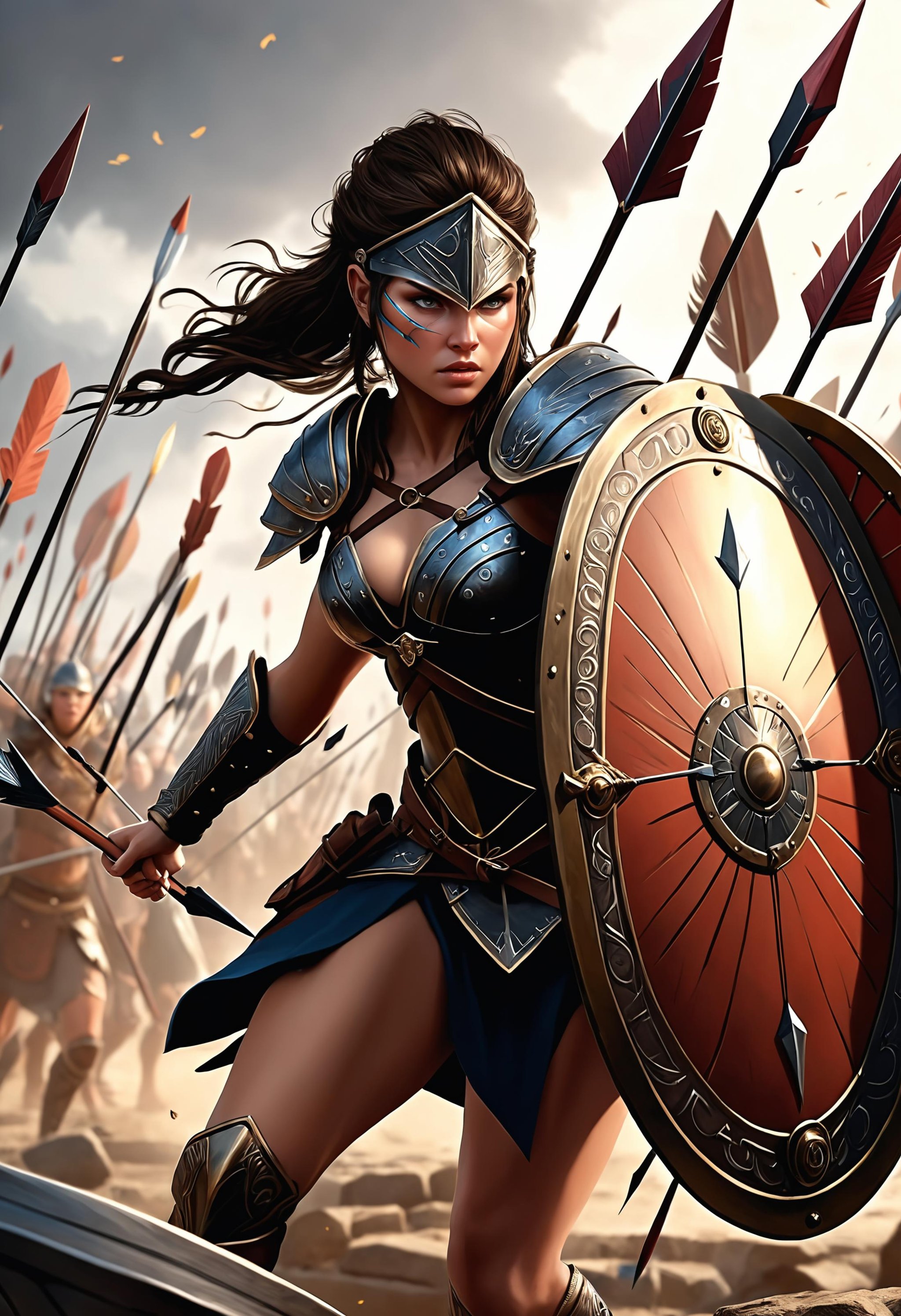 a female warrior takes cover behind a shield from a barrage of arrows whizzing past, fantasy, intricate, elegant, highly detailed, digital painting, artstation, concept art, matte, sharp focus