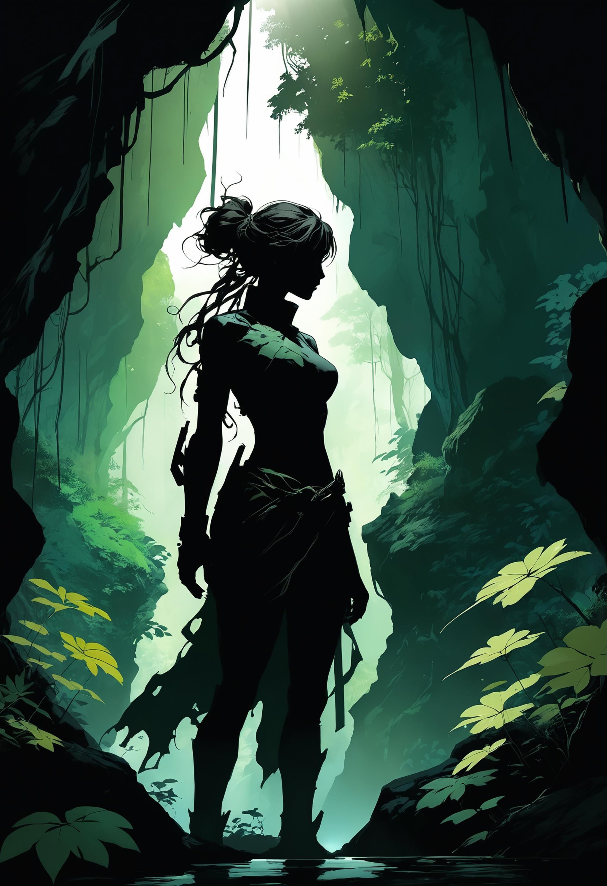 elemental silhouette, in a cave behind a forest, overgrown, dramatic lighting, illustration by greg rutkowski, yoji shinkawa, 4 k, digital art, concept art, trending on artstation