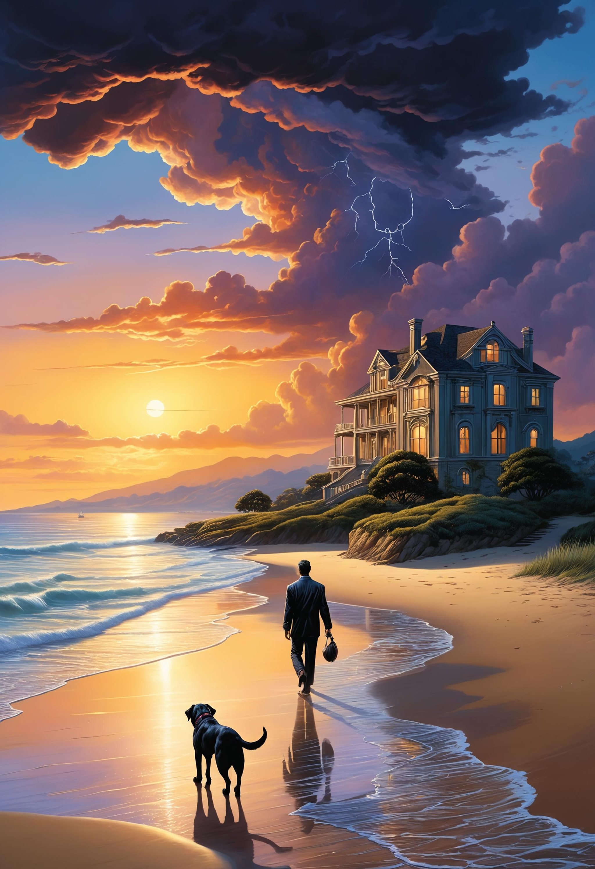 a mansion close to the beach at dusk, a single dark cloud rains on a lonely man walking on the shore with his dog, award winning exterior illustration by Greg rutkowski, Alex Grey, ultra realistic, concept art