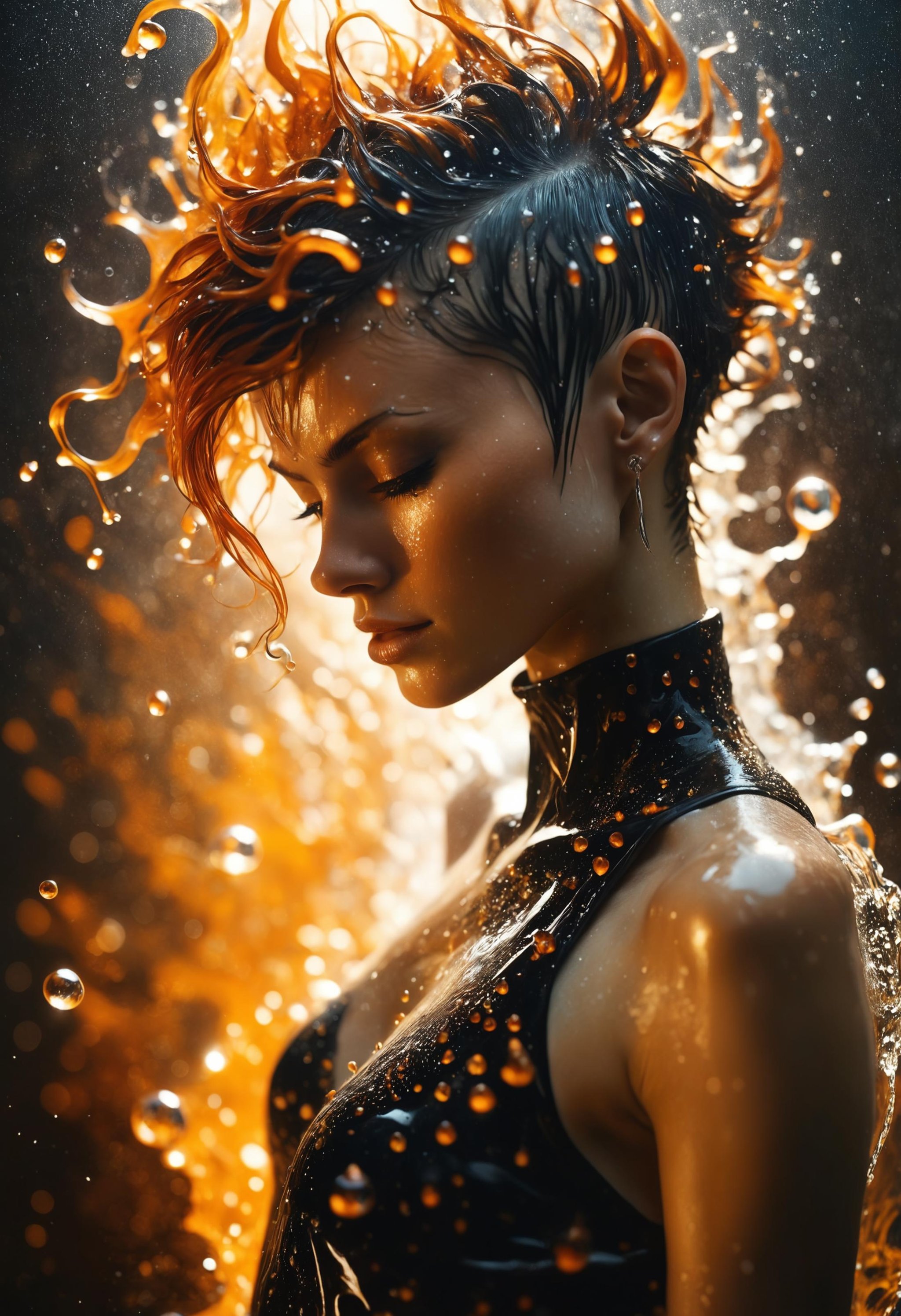 (analog film:2.0), backlit, woman bending water, medium wavey pixie mohawk haircut, black and orange, chaotic resonance, shimmering droplets, microdisplacement, aetheric realm, chiaroscuro, symbolism, intricate details, style of (Leonid Afremov:1.2) and Anna Dittmann, faded film, desaturated, 35mm photo