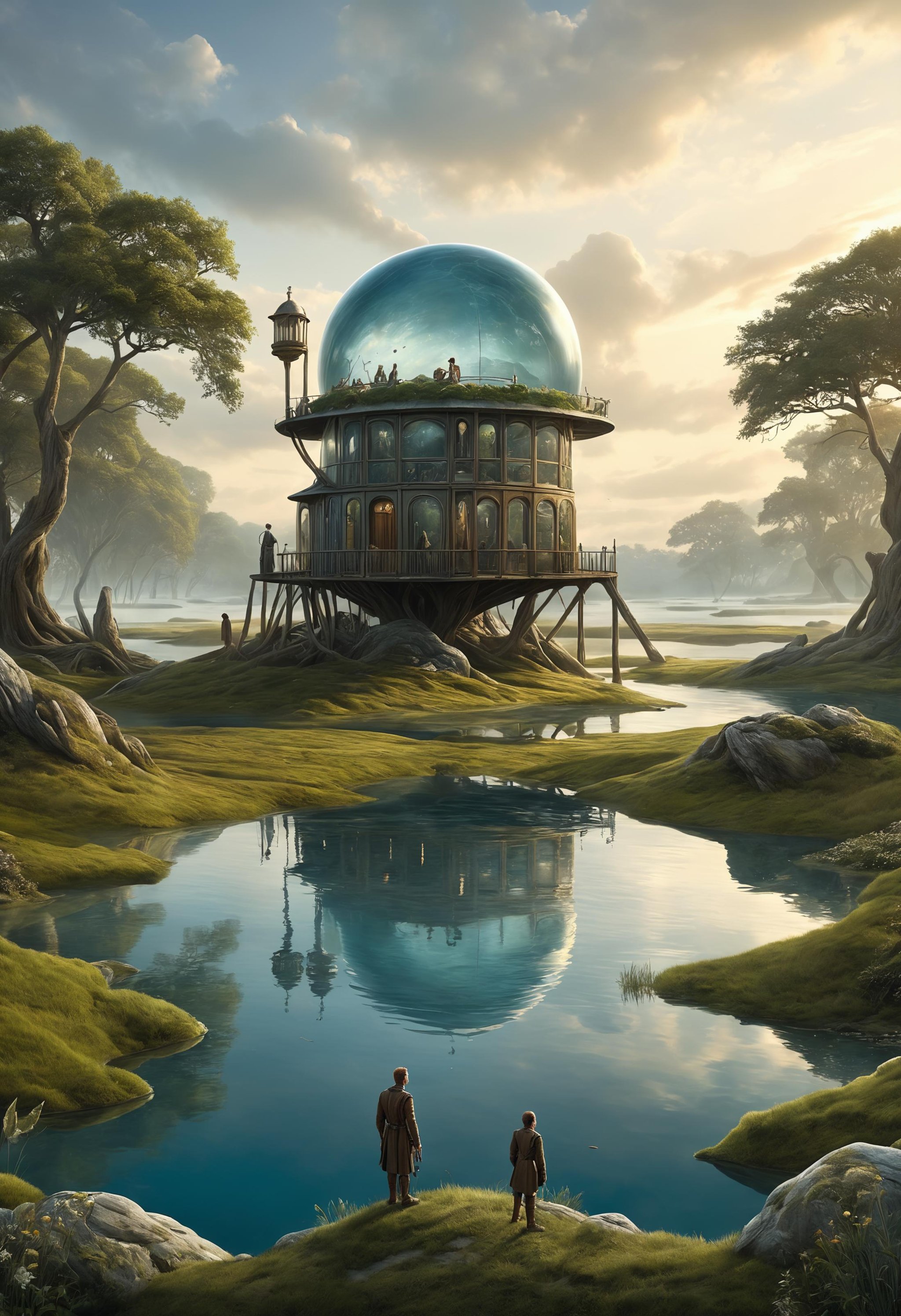 designed by Victor Adame Minguez, Meindert Hobbema and Jonathan Wolstenholme, candid RAW photo, Rule of Thirds, landscape of a 1700'S (Alien Waterworld:1.1) in the distance there is a Dreamweaver's sanctuary, flat lighting, sharp, focussed, compact camera, Zoom lens, ethereal, 2d, unique, shiny, cute, highly complex, vibrant, fabulous colors