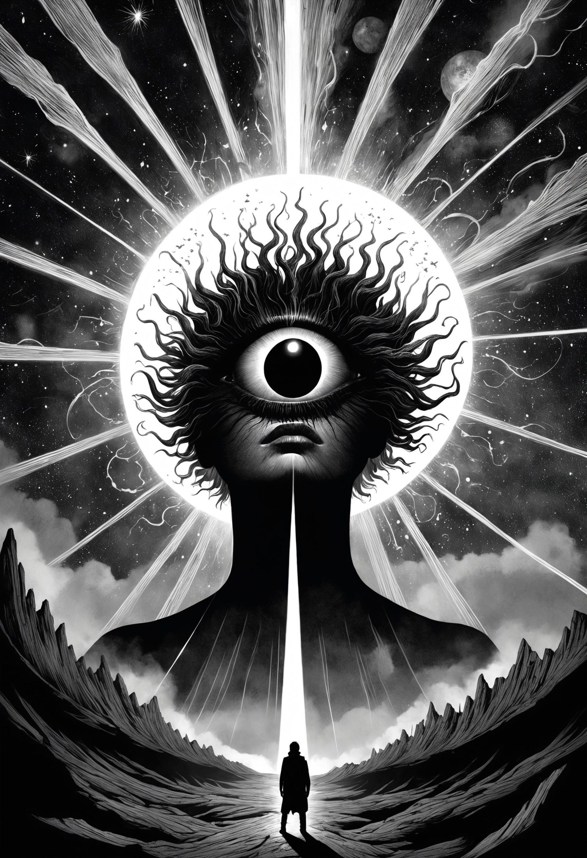 worm's eye perspective, grays shades, concept art of dark psychology, eclipse trails, inner distressed mood,  cosmic glory, cluster dispersed rays, evil tendrils overflowing, trending on artstation, Dan Hillier