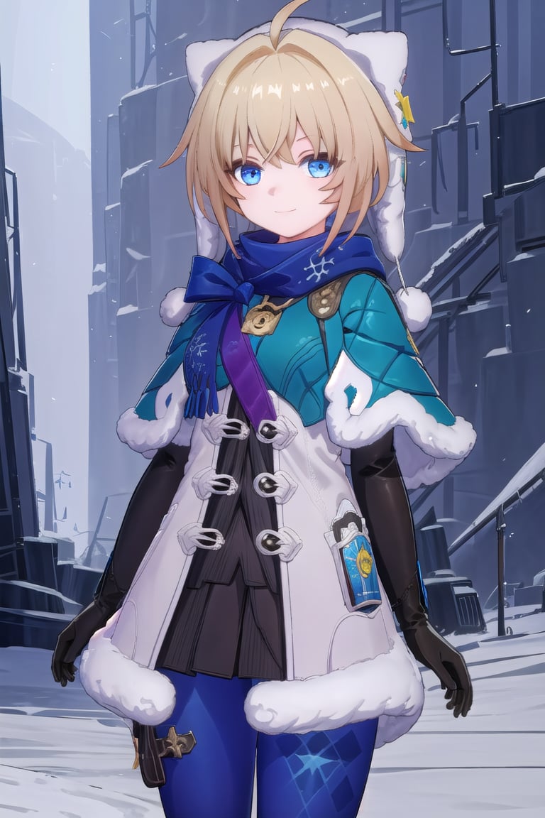 ((masterpiece, best quality)), high resolution,ultra detailed,8k,16k,detailed background, perfect lighting,1girl,look_at_viewer,cowboy shot,smile,lynx(hsr),blond hair,blue eyes,hood,capelet,blue pantyhose,tent