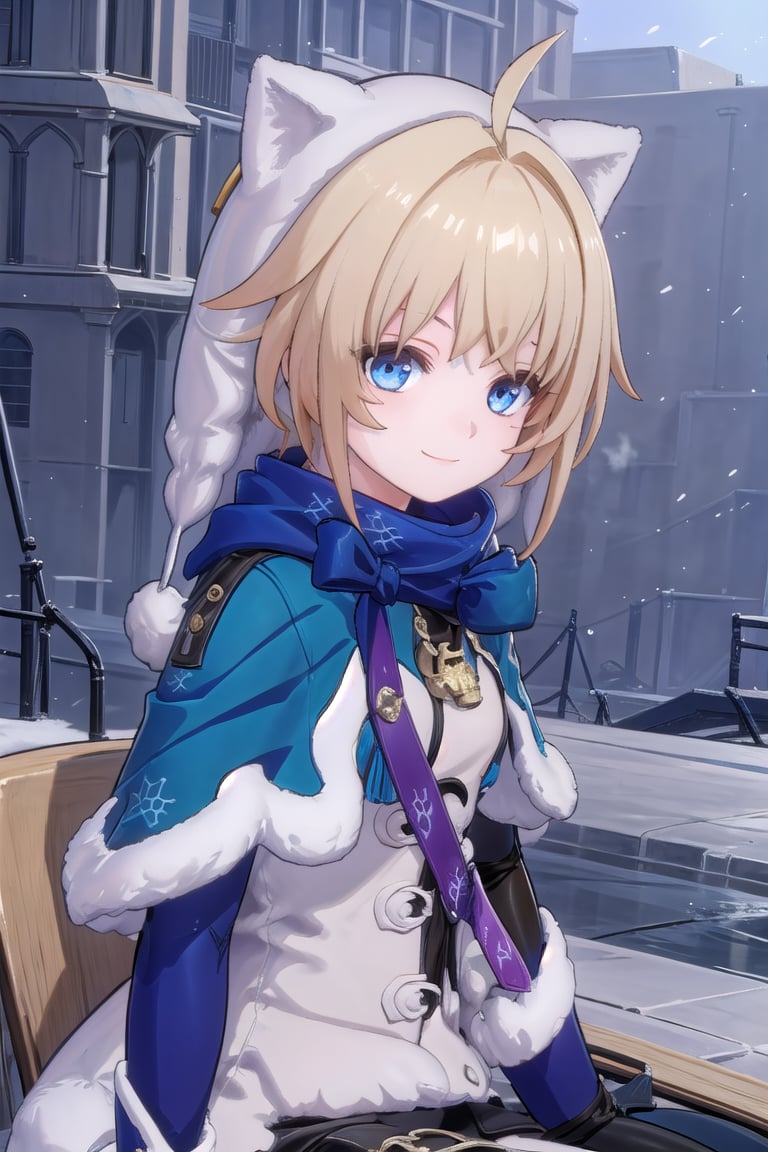 ((masterpiece, best quality)), high resolution,ultra detailed,8k,16k,detailed background, perfect lighting,1girl,look_at_viewer,upper body,smile,lynx(hsr),blond hair,blue eyes,hood,capelet,sitting,