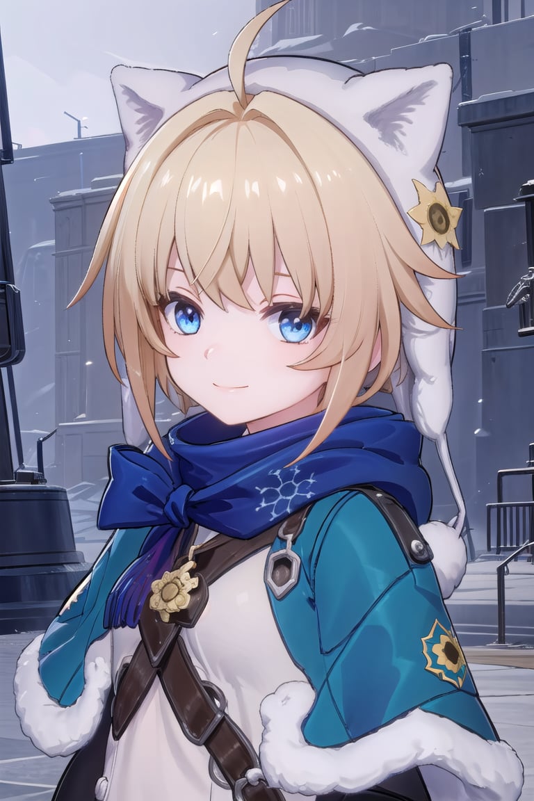 ((masterpiece, best quality)), high resolution,ultra detailed,8k,16k,detailed background, perfect lighting,1girl,look_at_viewer,upper body,smile,lynx(hsr),blond hair,blue eyes,hood,capelet,