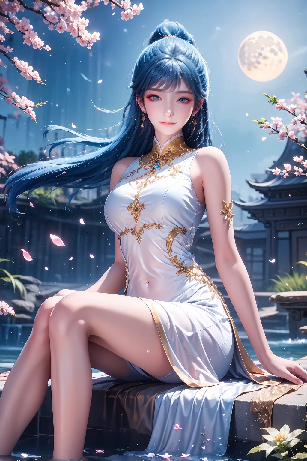 1girl, solo, long hair, breasts, looking at viewer, smile, bangs, blue eyes, dress, bare shoulders, jewelry, medium breasts, sitting, very long hair, closed mouth, blue hair, ponytail, earrings, outdoors, sky, sleeveless, water, white dress, petals, bare legs, covered navel, night, sleeveless dress, arm support, chinese clothes, moon, cherry blossoms, night sky, china dress, full moon, side slit