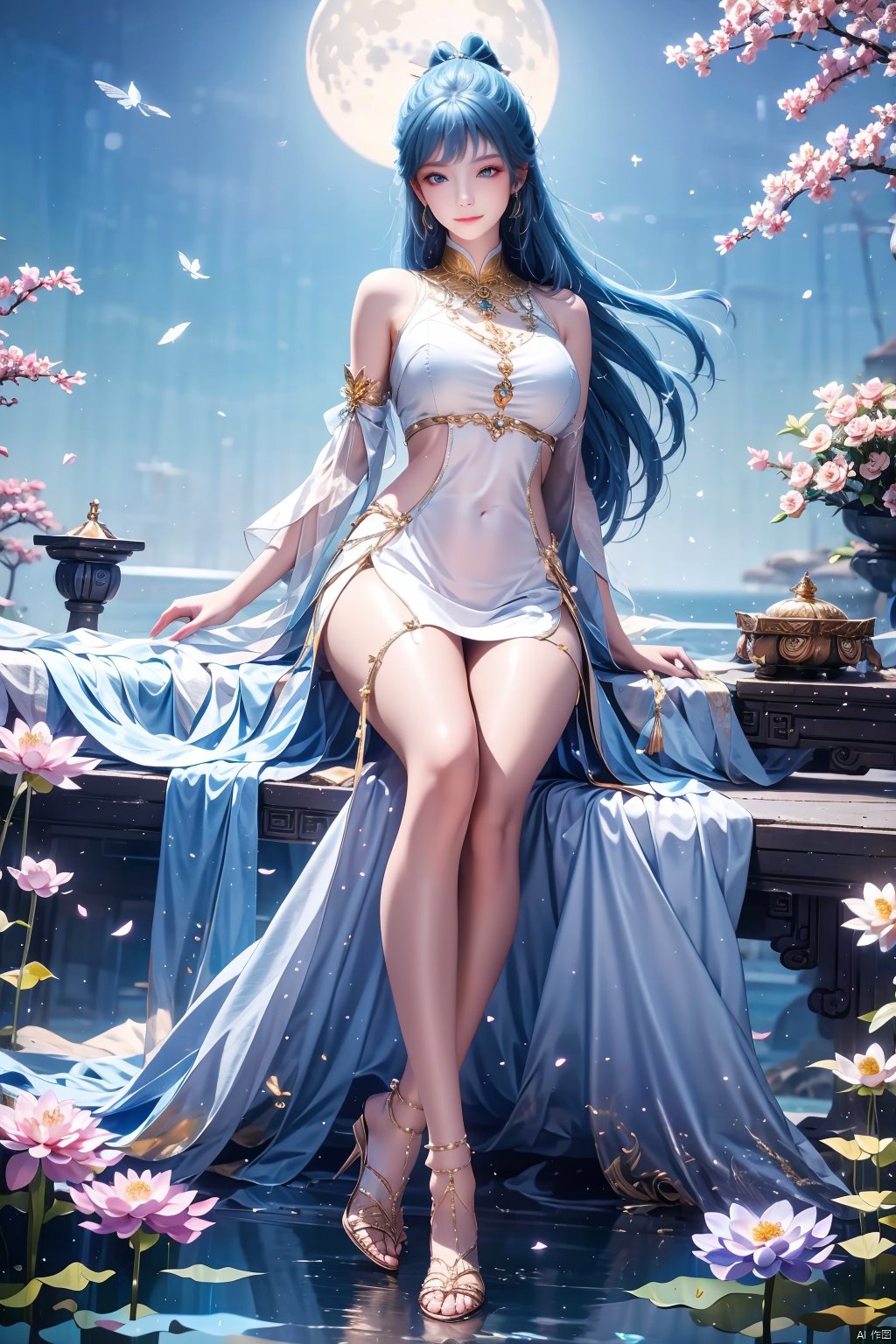 1girl, solo, long hair, breasts, looking at viewer, smile, bangs, blue eyes, large breasts, dress, bare shoulders, jewelry, closed mouth, blue hair, full body, ponytail, flower, multicolored hair, sleeveless, water, nail polish, white dress, high heels, lips, legs, bare legs, covered navel, gradient hair, chinese clothes, moon, sandals, lotus