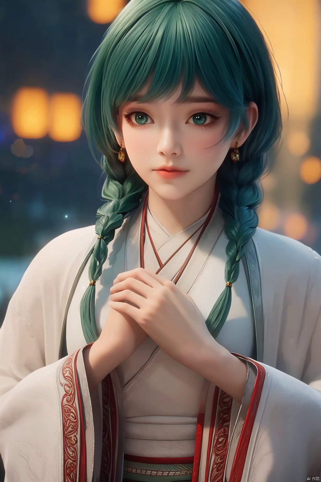 1girl, solo, long hair, bangs, long sleeves, jewelry, closed mouth, green eyes, upper body, braid, earrings, outdoors, japanese clothes, green hair, wide sleeves, kimono, blurry, twin braids, lips, looking to the side, blurry background, looking away, own hands together, realistic