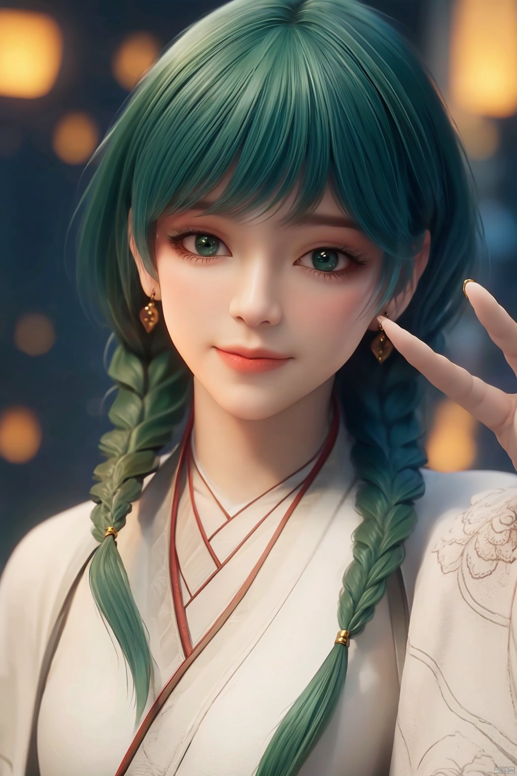 1girl, solo, long hair, looking at viewer, smile, bangs, jewelry, closed mouth, green eyes, upper body, braid, earrings, outdoors, japanese clothes, green hair, solo focus, kimono, blurry, twin braids, lips, blurry background, hair over shoulder, realistic