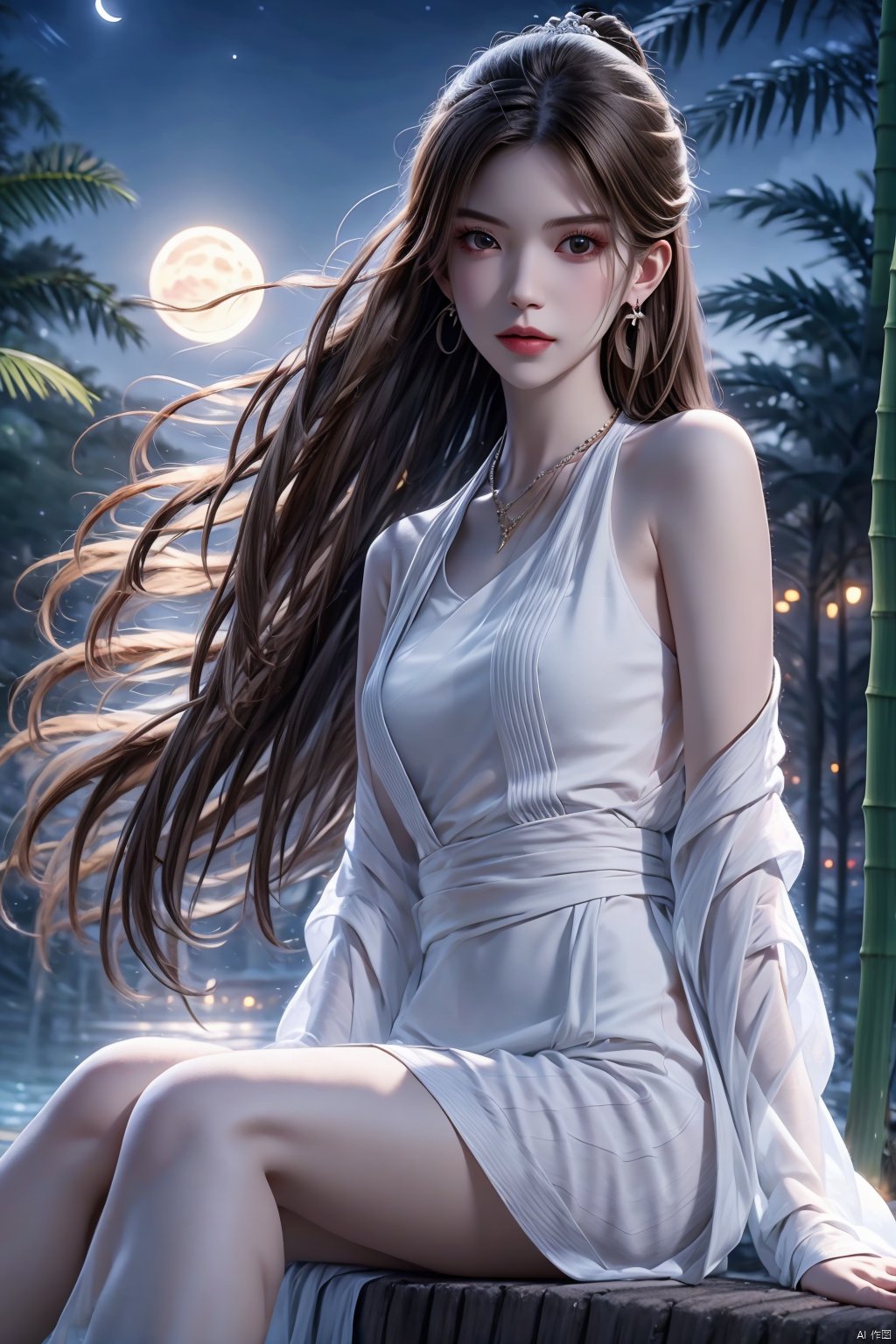 1girl, solo, long hair, looking at viewer, brown hair, dress, jewelry, sitting, earrings, outdoors, sky, necklace, white dress, tree, lips, bare legs, night, moon, night sky, realistic, palm tree