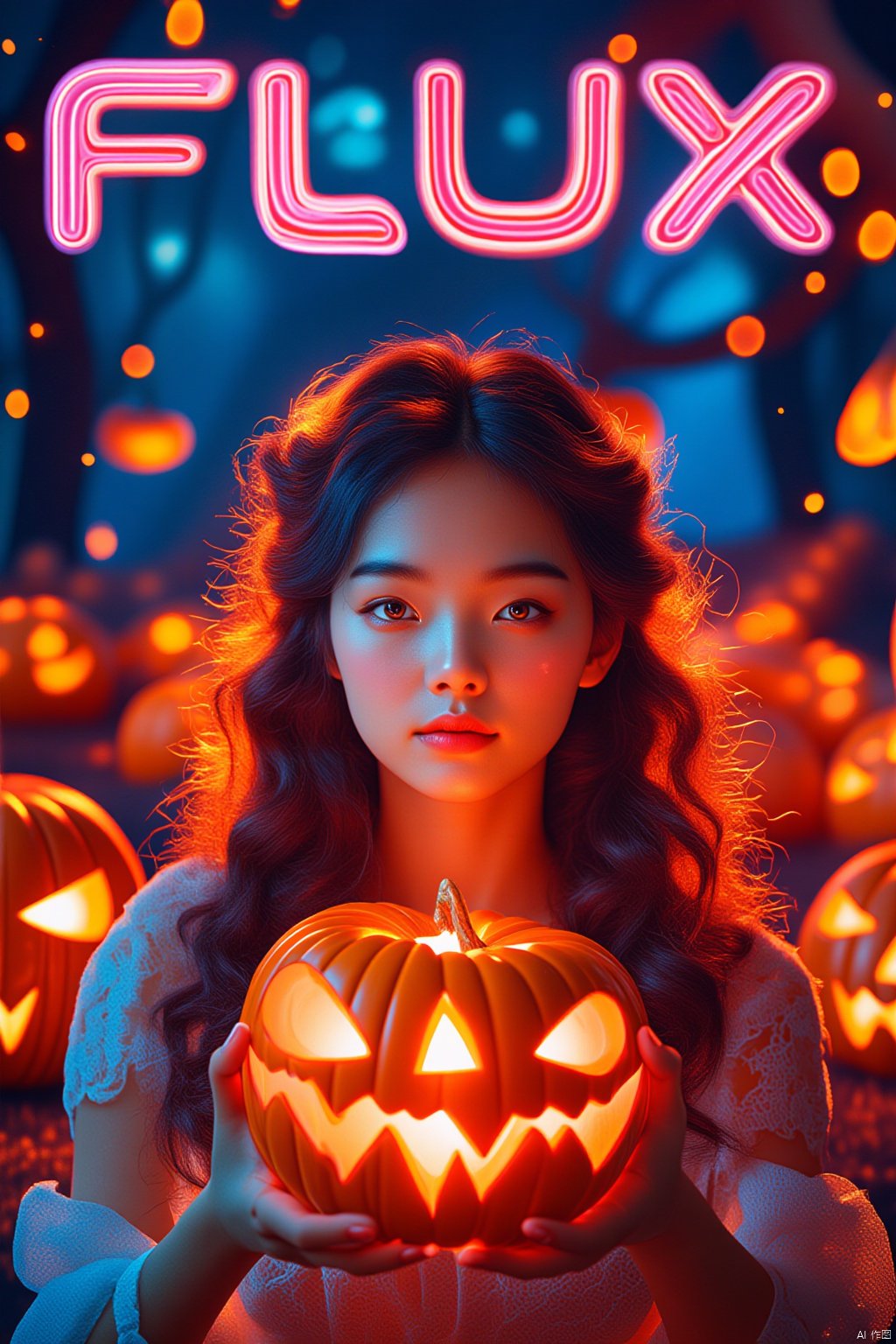 The logo One Thought gleams like a beacon amidst the bustle.FLUX screams the bold, futuristic title across the magazine cover in a swirling, neon-lit font. A cyborg insect's mechanical legs protrude from a curvaceous frame, as if emerging from a portal. In the foreground, a stunning Chinese girl with long, curly brown hair and piercing blue eyes gazes directly at the viewer. Her lips are painted a deep crimson, drawing attention to her full, pouty mouth. She holds a real, glowing jack-o'-lantern in one hand, its orange glow illuminating her porcelain skin. The camera captures her solo figure against a blurred, Halloween-themed background, where ghostly silhouettes of pumpkins dance in the shadows. The 35mm f/2.0 lens creates a shallow depth of field, isolating our subject amidst the eerie ambiance.