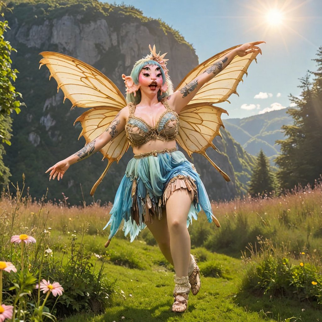 A whimsical scene of a woman in a delicate fairy costume, wings spread wide as she soars through a sun-drenched meadow, her long hair flowing behind her like a golden river. The soft focus highlights her ethereal features and the lush greenery below, while the bright blue sky above serves as a stunning backdrop.