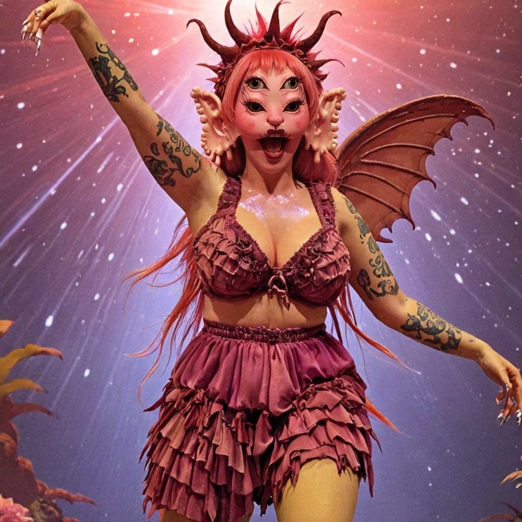 woman in the sky, flying, singing, dancing levitating, spikes in her hair, crazy hairstyle,(pointy crazy orangish red frizzy fake hair) , enchanting starry sky, scene, dancing, purple hair, screaming, open mouth, pov from aside, screaming, (beautiful outfit with little teeth and bits of red juice) , dragon behind her, (little red dragon), flying, ugly background, , (shiny and colorful), textured skin with 3D prosthetic membranes, four eyes, pink skin, ((wide angle)) , ((full body)) , symmetrical face, wavy ears with round tips, (wearing fake prop bouncy dragon wings), smoky lipstick elaborate 3D scenery, extra realistic, cute dragon and puffy head accessory , studio light, blender,(masterpiece), ((perfect hands with beautiful nails)) ,(best quality:1.2),absurdres,poakl, Five fingers on each hand, detailed hands, big eyelashes,More Reasonable Details,a woman with four eyes,glitter,shiny