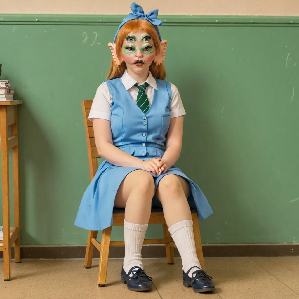 a woman with four eyes, wearing a school uniform colored in blue and white, cute straight ginger hair, sitting on a Chair behind a school little table, wearing themed shoes, light green school Walls, Sitting with her legs crossed, writing in her school notebook