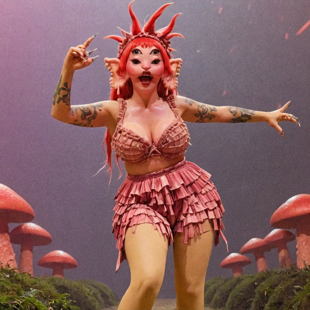 woman in the sky, flying, singing, dancing levitating, spikes in her hair, crazy hairstyle,(pointy crazy orangish red frizzy fake hair) , fake sky background, scene, dancing, purple hair, screaming, open mouth, pov from aside, screaming, (beautiful outfit with little teeth and bits of red juice) , dragon behind her, (little red dragon), flying, ugly background, , (shiny and colorful), textured skin with 3D prosthetic membranes, a bodysuit made of translucent pink scales extends across her entire body, pink gloves with extra detailed membranes big claw nails, four eyes, pink skin, ((wide angle)) , ((full body)) , symmetrical face, freckles, several spots on her face, fungus on her face, chicken pox, wavy ears with round tips, smoky lipstick elaborate 3D scenery, extra realistic, studio light, blender,(masterpiece),(best quality:1.2),absurdres,poakl, Five fingers on each hand, detailed hands, big eyelashes,More Reasonable Details,a woman with four eyes,glitter,shiny