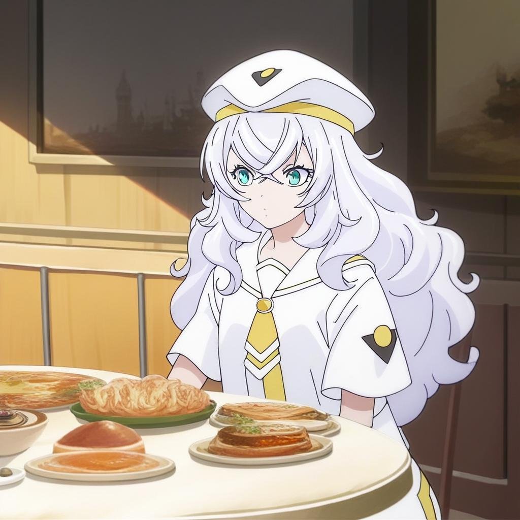 score_9, score_8_up, score7_up, source_anime, anime painting, promotional artwork, megami magazine, highly detailed, hd ultra detail, 1girl, solo, cowboy shot, complex background, venice, restaurant, italian food, sitting at table, anya_dostoyevskaya, white hair, teal eyes, long hair, crossed bangs, long dress, white uniform, orange planet uniform, sailor collar, yellow neckerchied, short sleeves, white hat, beret, fingerless gloves, brown footwear