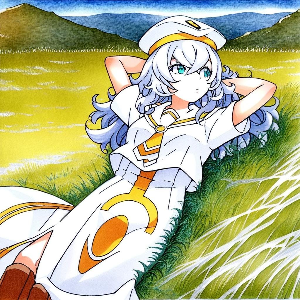 score_9, score_8_up, score7_up, source_anime, anime artwork, traditional media, watercolor, highly detailed, hd ultra detail, 1girl, solo, cowboy shot, complex background, hill, grass, wind turbines, lying on back, arms behind head, relaxing, anya_dostoyevskaya, white hair, teal eyes, long hair, crossed bangs, long dress, white uniform, orange planet uniform, sailor collar, yellow neckerchied, short sleeves, white hat, beret, fingerless gloves, brown footwear