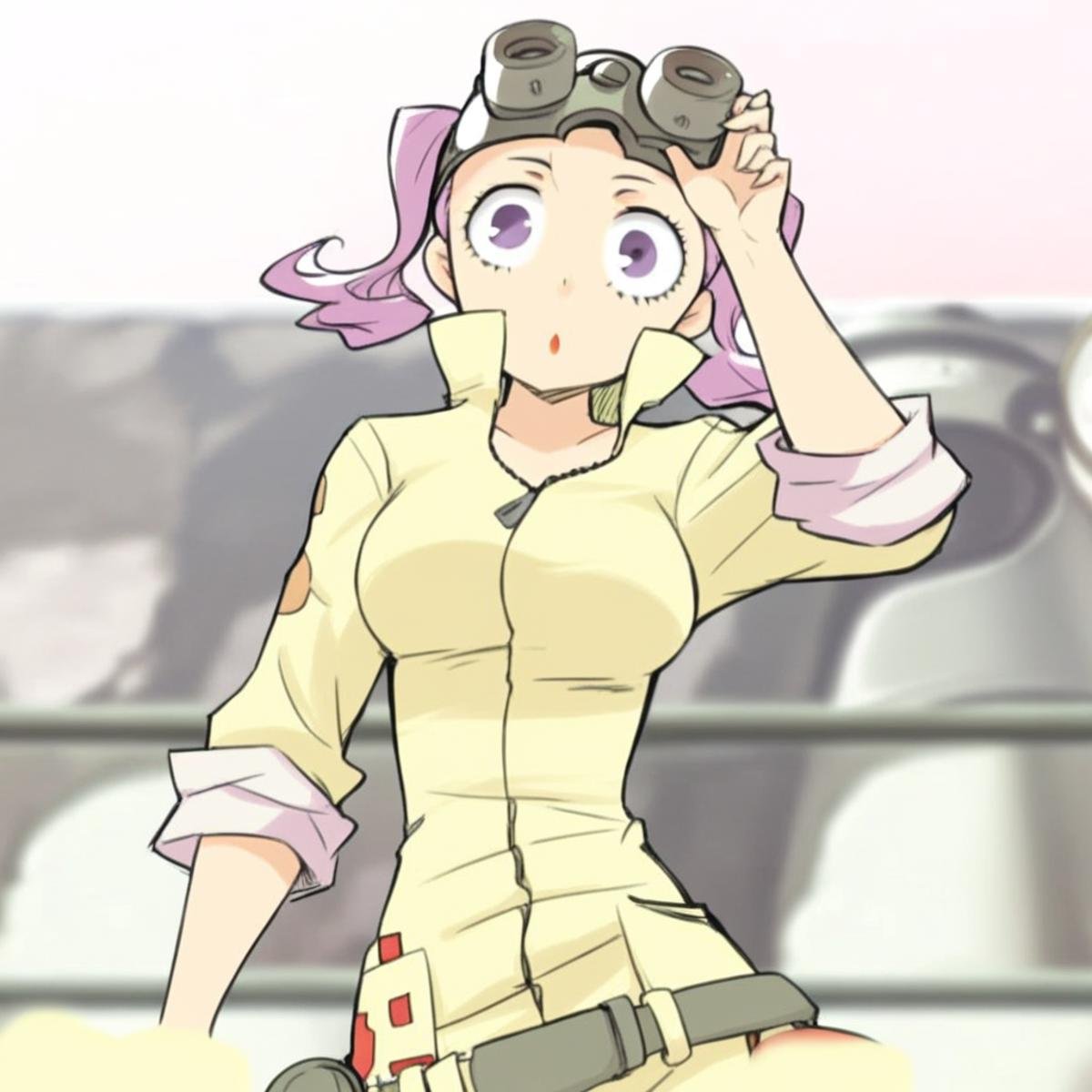 wahanly_shume, sleeves rolled up, short twintails, blurry, looking at viewer, goggles on head, jumpsuit, belt, goggles, breasts