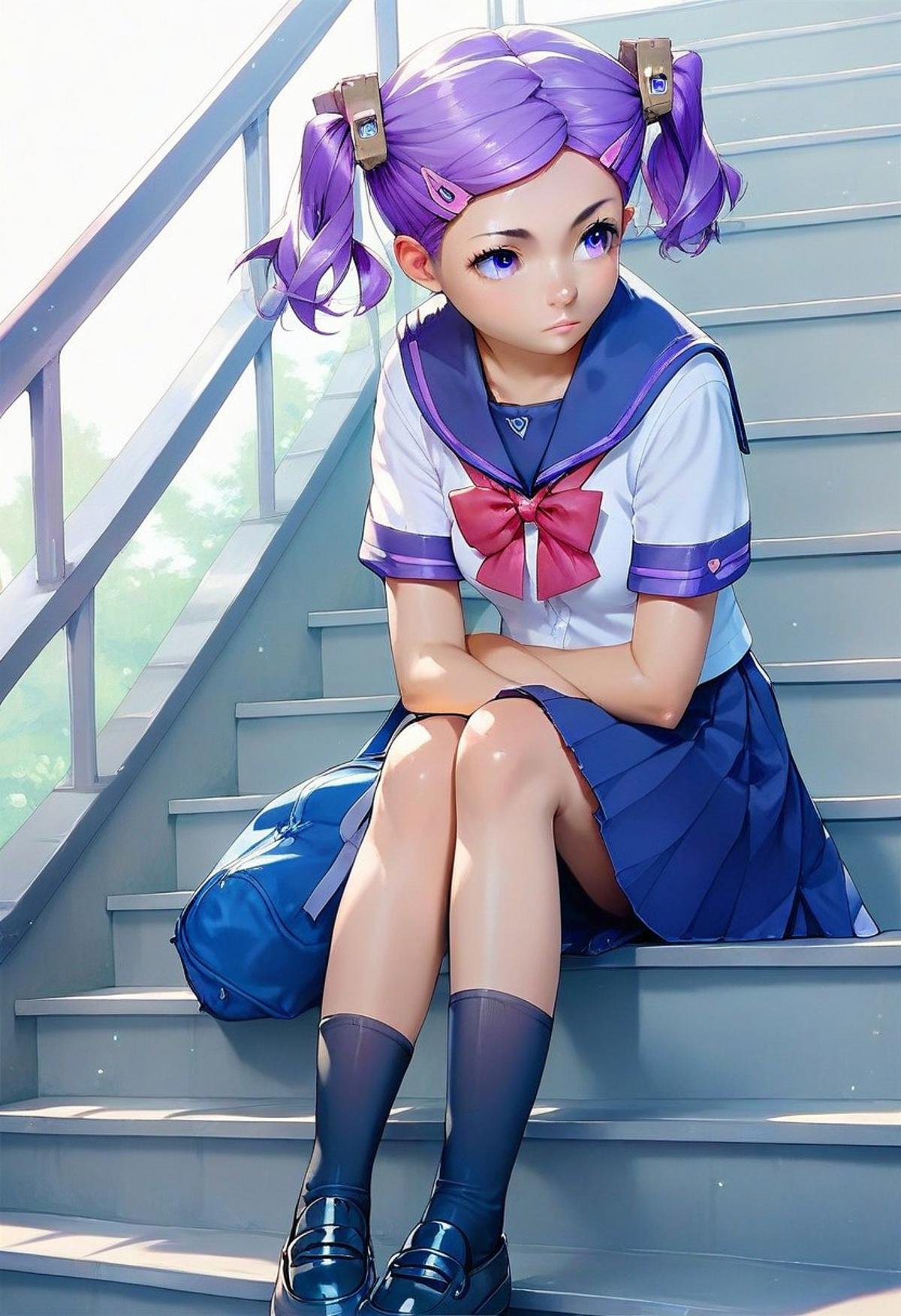 21 years old, score_7_up, score_8_up, score_9, source_anime, anime artwork, Wahanly_Shume, purple hair, purple eyes, short twintails, hair ornament, school uniform, sitting on stairs, complex background