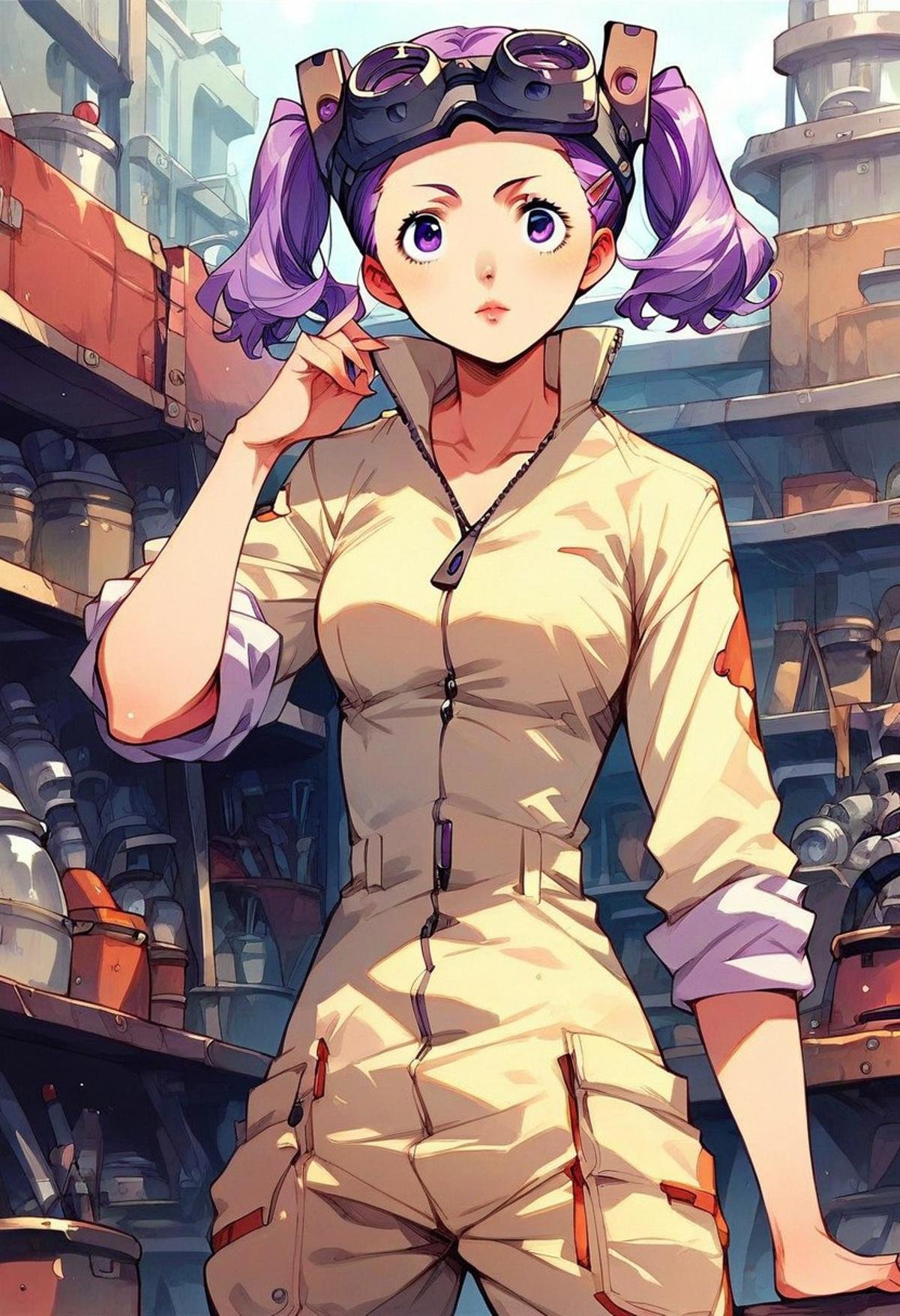 score_9, score_8_up, score7_up, source_anime, anime screenshot,  highly detailed, hd ultra detail, 1girl, solo, Wahanly_Shume, Purple Hair, Purple Eyes, Short Twintails, Hairclips, jumpsuit, rolled up sleeves, goggles, goggles on head, complex background, workshop,