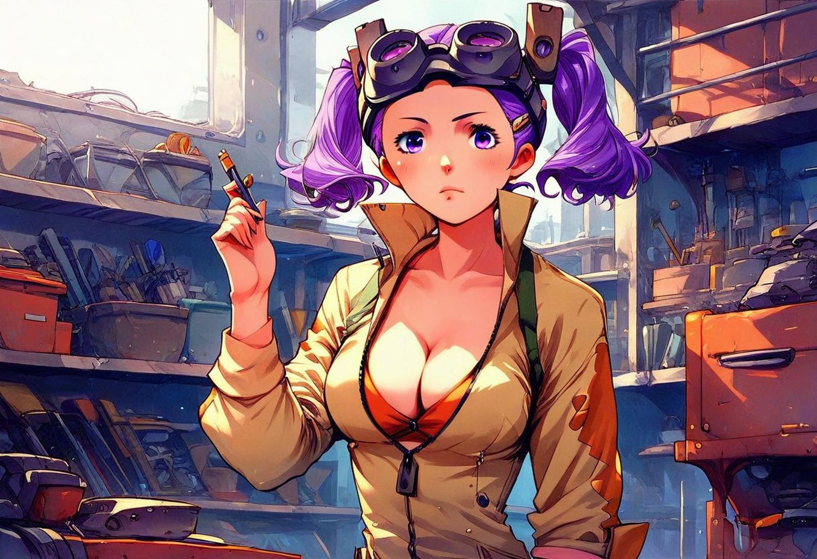 score_7_up, score_8_up, score_9, source_anime, 1 girl, complex background, full background, workshop, Wahanly_Shume, purple hair, short twintails, purple eyes, hair ornament, goggles, goggles on head, breasts, cleavage, jumpsuit, open jumpsuit, thinking, 