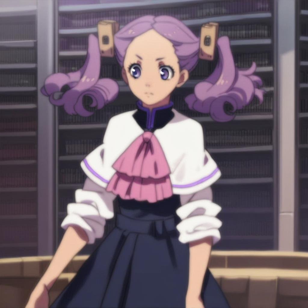 score_9, score_8_up, score_7_up, rating_safe, 1 girl, solo, cowboy shot, highly detailed, hd ultra detail, Wahanly_Shume, purple hair, twintails, purple eyes, hair ornament, black school uniform, white capelet, pink ascot, long skirt, rolled up sleeves, library