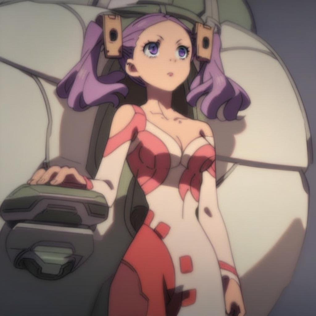 score_9, score_8_up, score_7_up, rating_safe, 1 girl, solo, cowboy shot, highly detailed, hd ultra detail, Wahanly_Shume, purple hair, twintails, purple eyes, hair ornament, bodysuit, bare shoulders, breasts, cleavage, cockpit