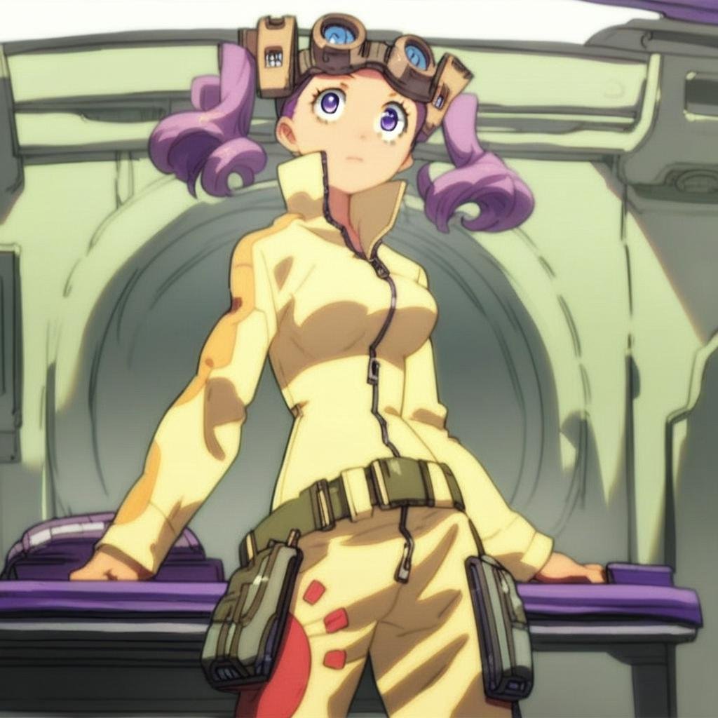 score_9, score_8_up, score_7_up, rating_safe, 1 girl, solo, cowboy shot, highly detailed, hd ultra detail, Wahanly_Shume, purple hair, twintails, purple eyes, hair ornament, goggels, goggles on head, jumpsuit, belt, zipper, breasts, long sleeves, workshop