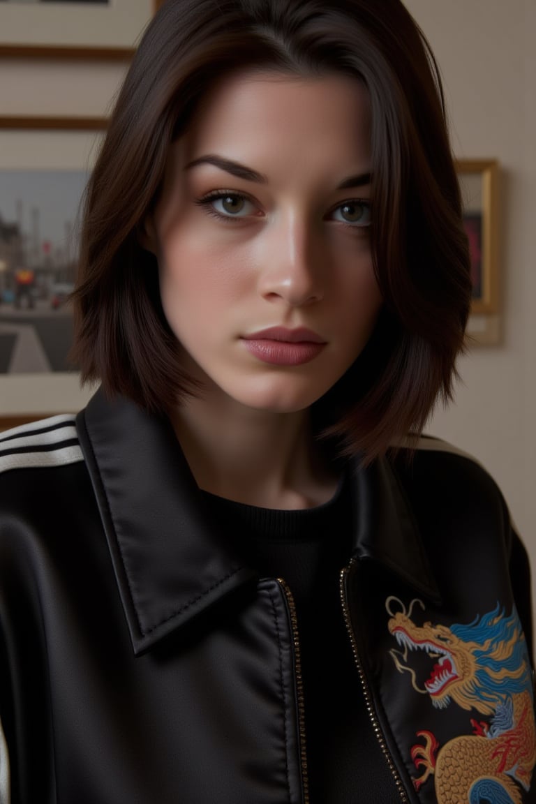 wost0y4 with dark, shoulder-length hair styled loosely around her face. She is wearing a black dragon jacket. The jacket has a textured fabric with white stripes on the sleeves, giving it a sporty yet relaxed appearance. Her expression is neutral, with a slightly serious gaze directed at the viewer. The background is a blurred indoor setting, possibly a living room, with framed pictures on the wall, contributing to a warm and casual atmosphere. The overall vibe of the image is laid-back, combining a cozy, fashionable style with a sense of simplicity and comfort.,wodr4g0nj4ck3t