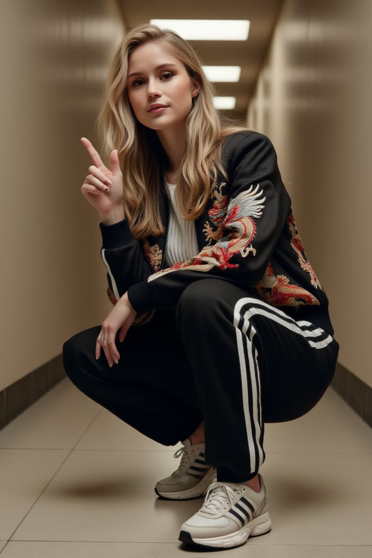 A professional photography of wo3r1nM0, wearing black adidas pants with three stripes, dragon jacket and adidas sneakers. She is squatting in a hallway with ciment walls, she is posing for the camera making a peace sign with one hand. She has long blonde hair and have a smile on her face as she looks at the camera.