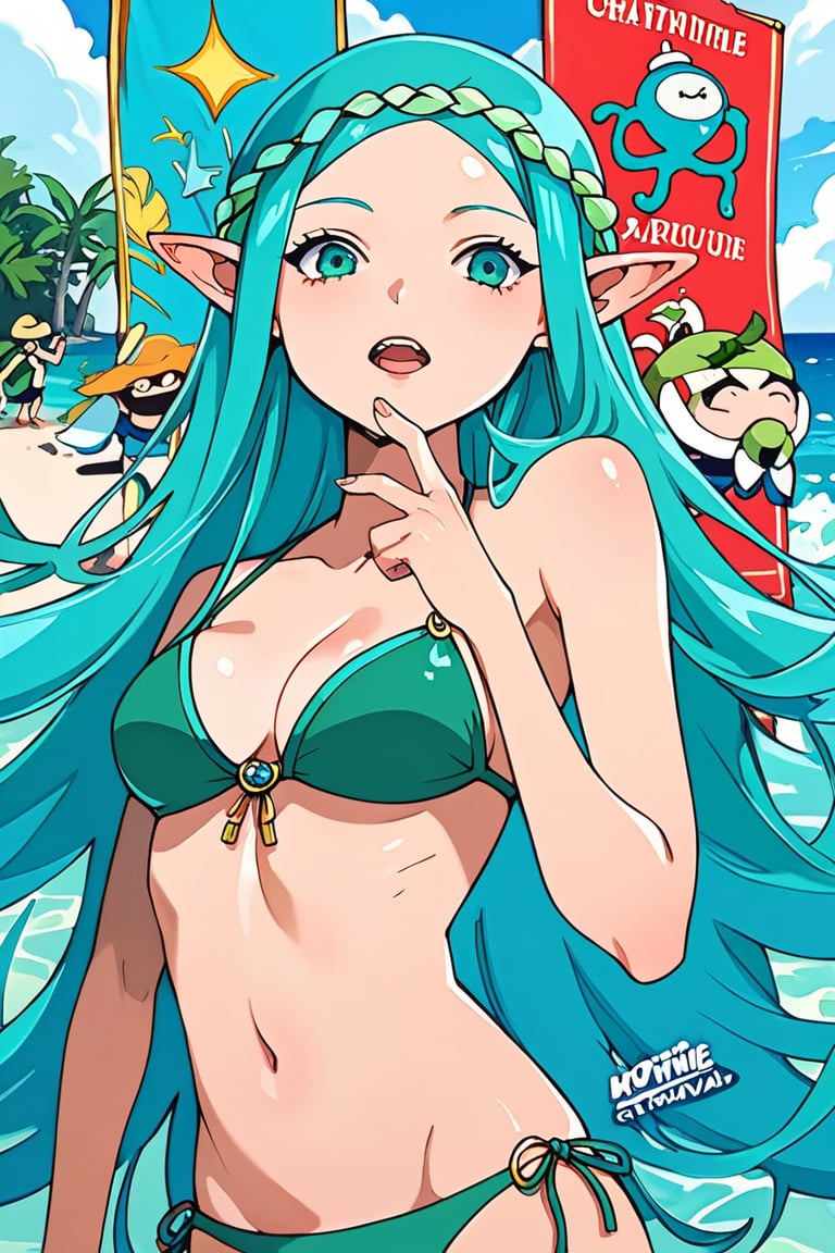 masterpiece, best quality, highly detailed, score_9, score_8_up, score_7_up, score_6_up, source_anime, poster art, 1girl,  canyonXLP, Break, aquamarine skin, aquamarine hair, very long hair, cartoon style, bikini, pointy ears, brown slim bandana hippie