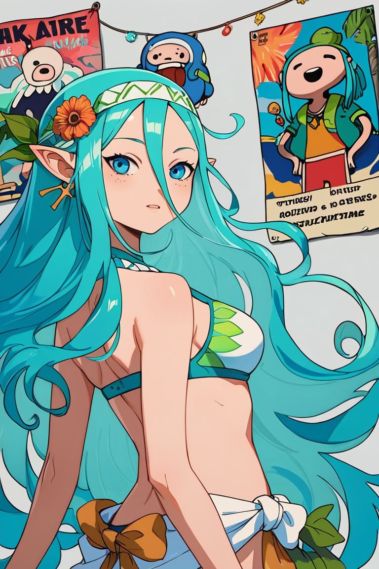 masterpiece, best quality, highly detailed, score_9, score_8_up, score_7_up, score_6_up, source_anime, poster art, 1girl,  canyonXLP, Break, aquamarine skin, aquamarine hair, very long hair, cartoon style, bikini, pointy ears, brown slim bandana hippie