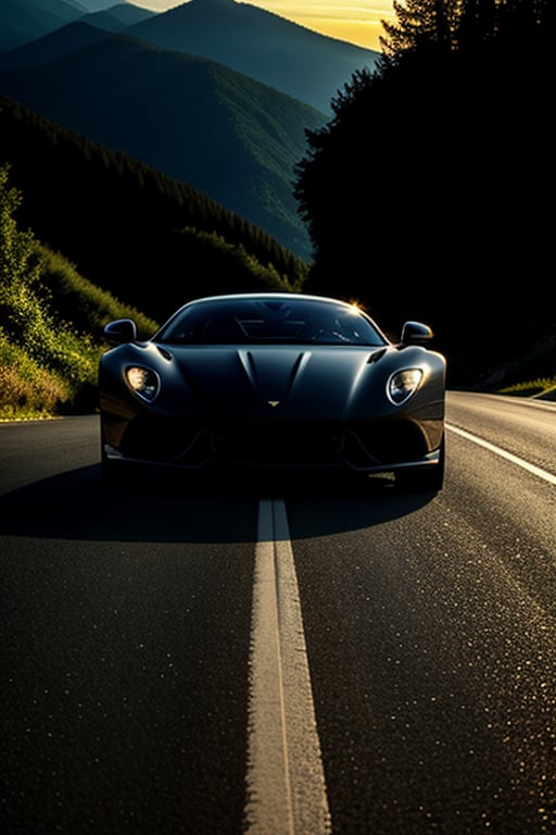 A sleek, handsome sports car parked on a winding mountain road, with dramatic golden hour lighting casting long shadows. The car is in sharp focus, showcasing its aerodynamic design and polished exterior. The background features lush greenery and distant mountains, creating a sense of speed and adventure. The composition frames the car from a low angle, emphasizing its powerful presence and dynamic lines.