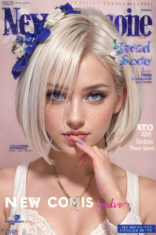 1girl, solo, upper body, white hair, lips, traditional media, reality, pop idol magazine, title font "New Lora Is Coming", attractive cover with beauty characters,jpop cover 80s